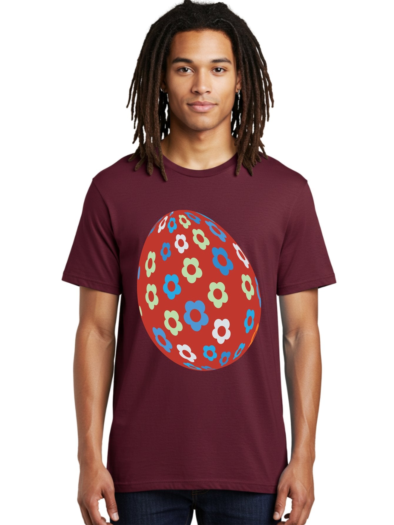 Easter-Egg-1 Men'S Graphic Tee, 100% Cotton, Comfortable Casual Summer Wear, Machine Washable, Easter Egg, Floral Pattern, Colorful Flowers, Red Egg, Blue Flowers, White Flowers, Green Flowers, Festive Design, Spring Theme, Decorated Egg, Aac671 27