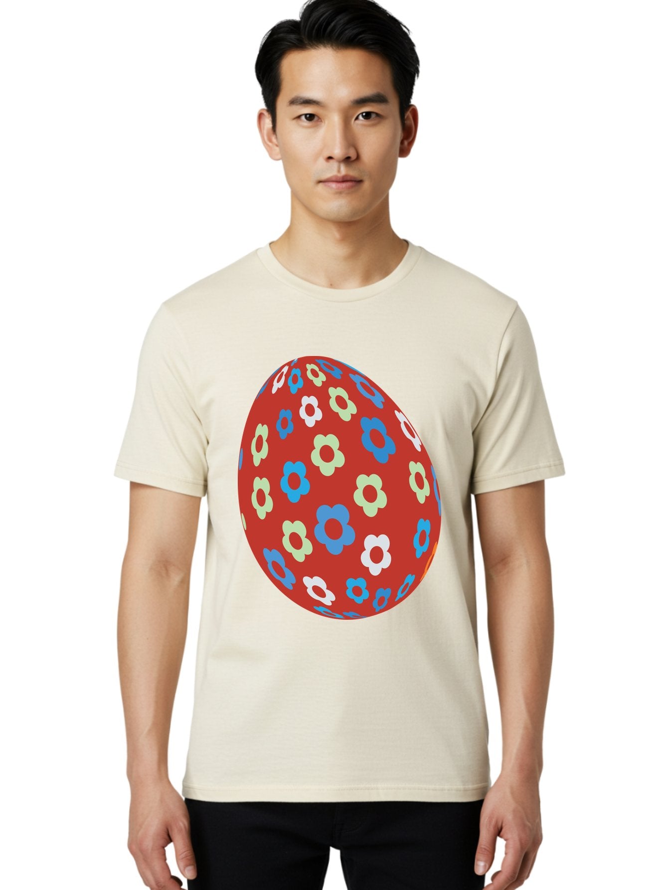 Easter-Egg-1 Men'S Graphic Tee, 100% Cotton, Comfortable Casual Summer Wear, Machine Washable, Easter Egg, Floral Pattern, Colorful Flowers, Red Egg, Blue Flowers, White Flowers, Green Flowers, Festive Design, Spring Theme, Decorated Egg, Aac671 21