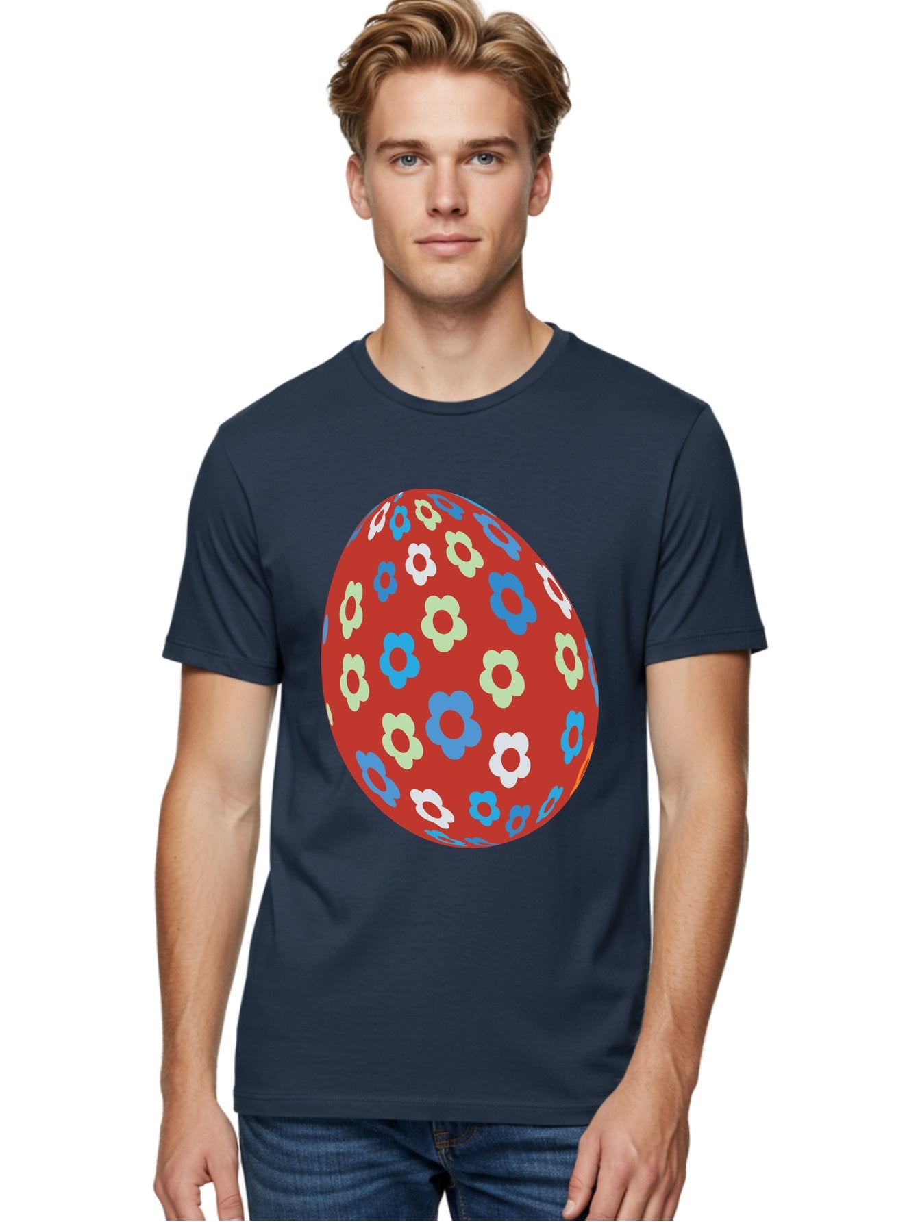 Easter-Egg-1 Men'S Graphic Tee, 100% Cotton, Comfortable Casual Summer Wear, Machine Washable, Easter Egg, Floral Pattern, Colorful Flowers, Red Egg, Blue Flowers, White Flowers, Green Flowers, Festive Design, Spring Theme, Decorated Egg, Aac671 28