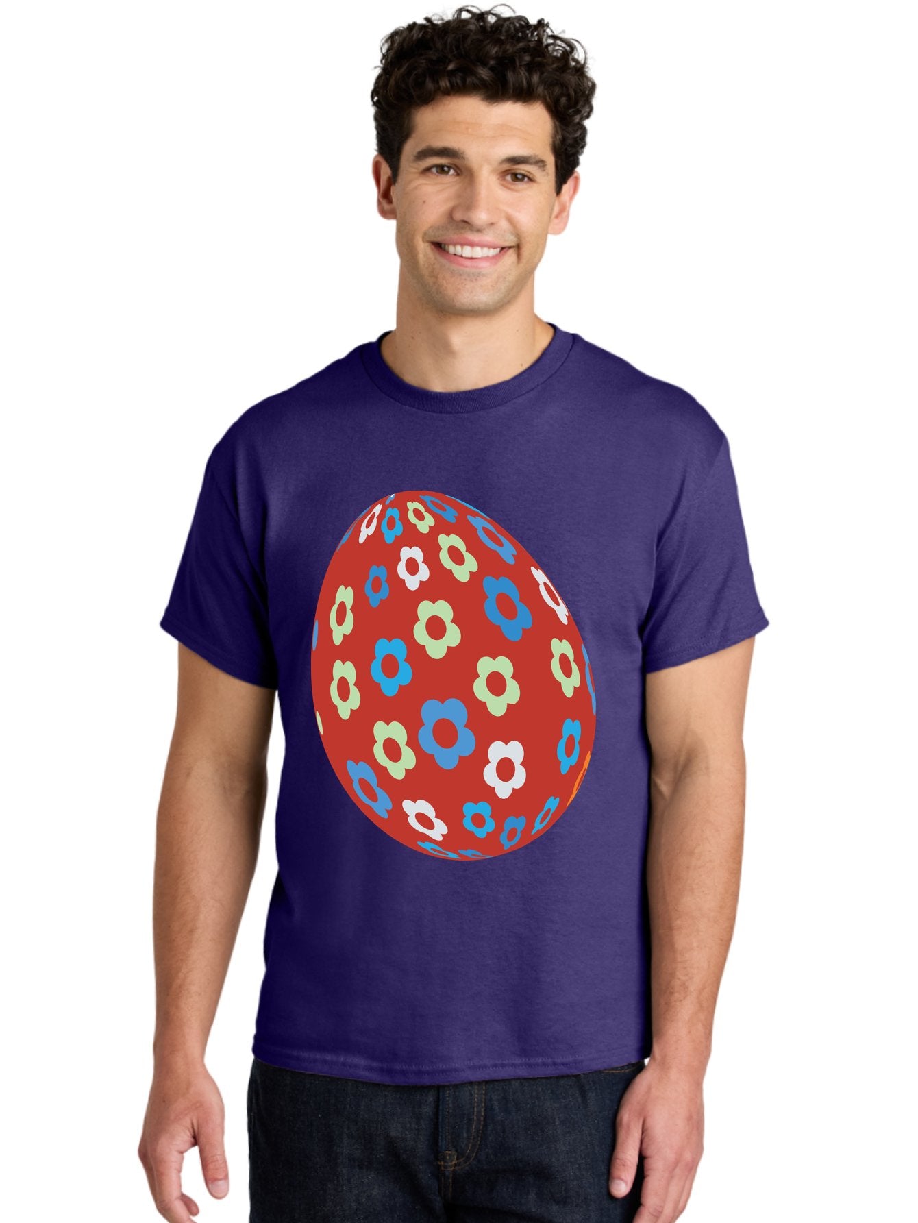 Easter-Egg-1 Men'S Graphic Tee, 100% Cotton, Comfortable Casual Summer Wear, Machine Washable, Easter Egg, Floral Pattern, Colorful Flowers, Red Egg, Blue Flowers, White Flowers, Green Flowers, Festive Design, Spring Theme, Decorated Egg, Aac671 24