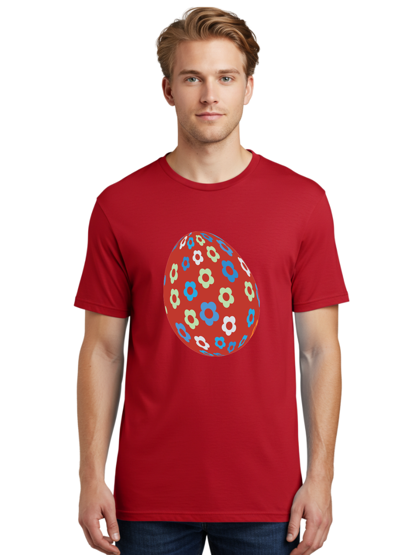 Easter-Egg-1 Men'S Graphic Tee, 100% Cotton, Comfortable Casual Summer Wear, Machine Washable, Easter Egg, Floral Pattern, Colorful Flowers, Red Egg, Blue Flowers, White Flowers, Green Flowers, Festive Design, Spring Theme, Decorated Egg, Aac671 30