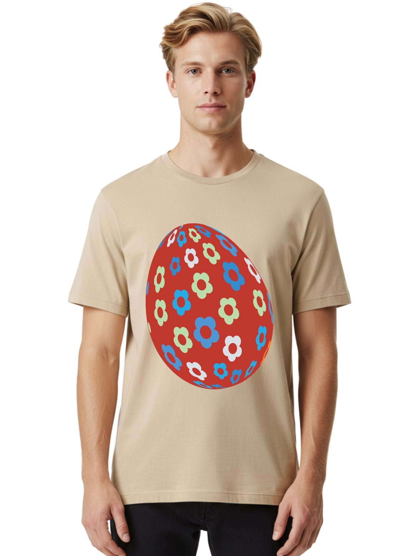 Easter-Egg-1 Men'S Graphic Tee, 100% Cotton, Comfortable Casual Summer Wear, Machine Washable, Easter Egg, Floral Pattern, Colorful Flowers, Red Egg, Blue Flowers, White Flowers, Green Flowers, Festive Design, Spring Theme, Decorated Egg, Aac671 23