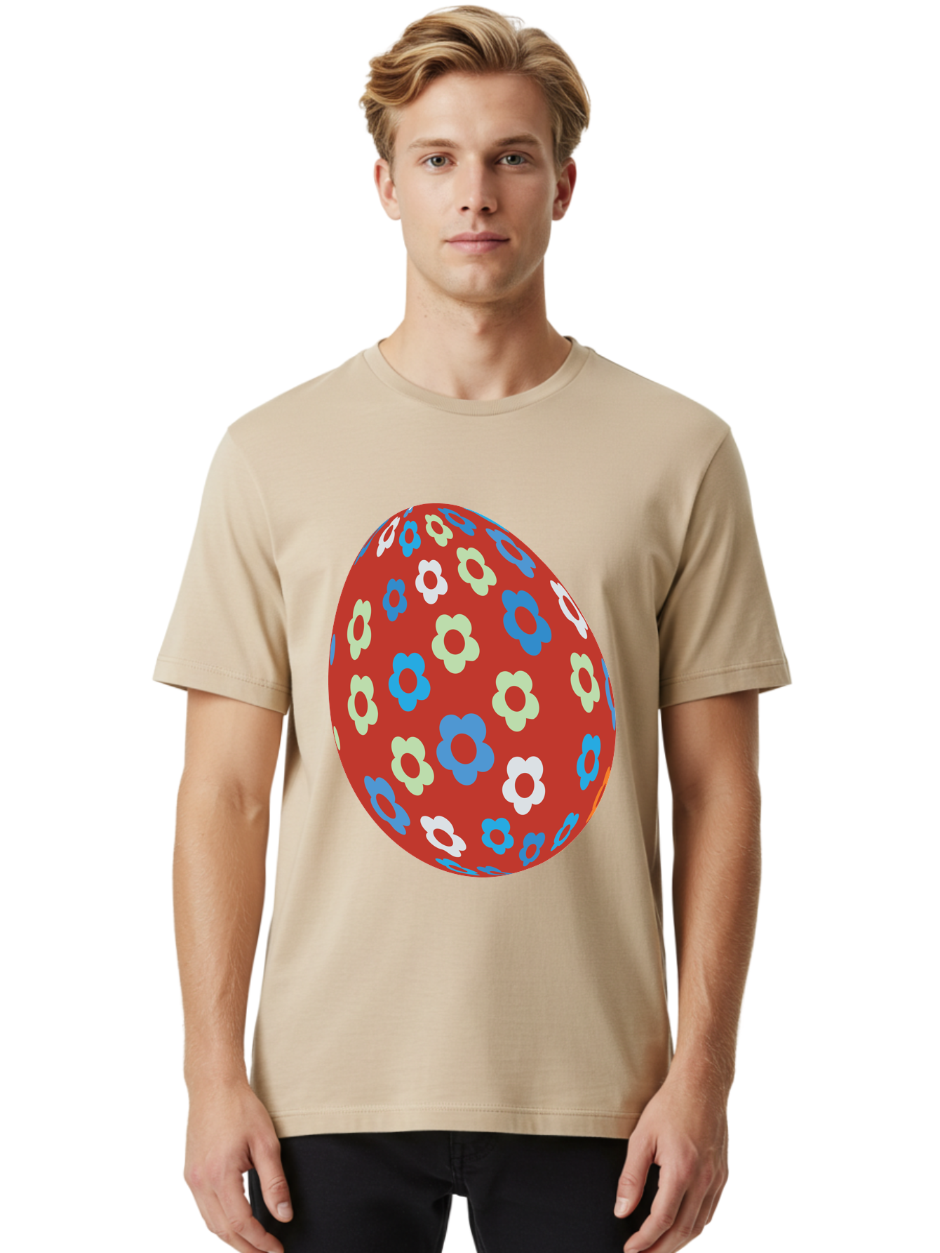 Easter-Egg-1 Men'S Graphic Tee, 100% Cotton, Comfortable Casual Summer Wear, Machine Washable, Easter Egg, Floral Pattern, Colorful Flowers, Red Egg, Blue Flowers, White Flowers, Green Flowers, Festive Design, Spring Theme, Decorated Egg, Aac671 16