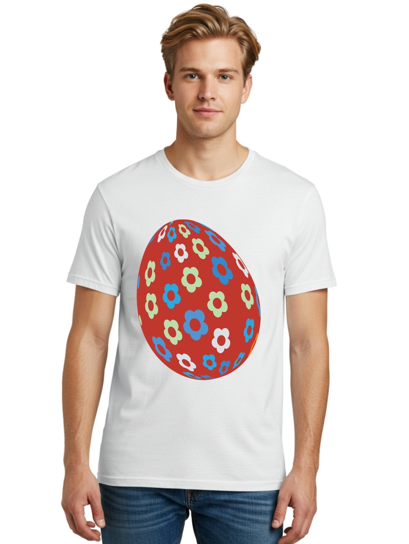 Easter-Egg-1 Men'S Graphic Tee, 100% Cotton, Comfortable Casual Summer Wear, Machine Washable, Easter Egg, Floral Pattern, Colorful Flowers, Red Egg, Blue Flowers, White Flowers, Green Flowers, Festive Design, Spring Theme, Decorated Egg, Aac671 30
