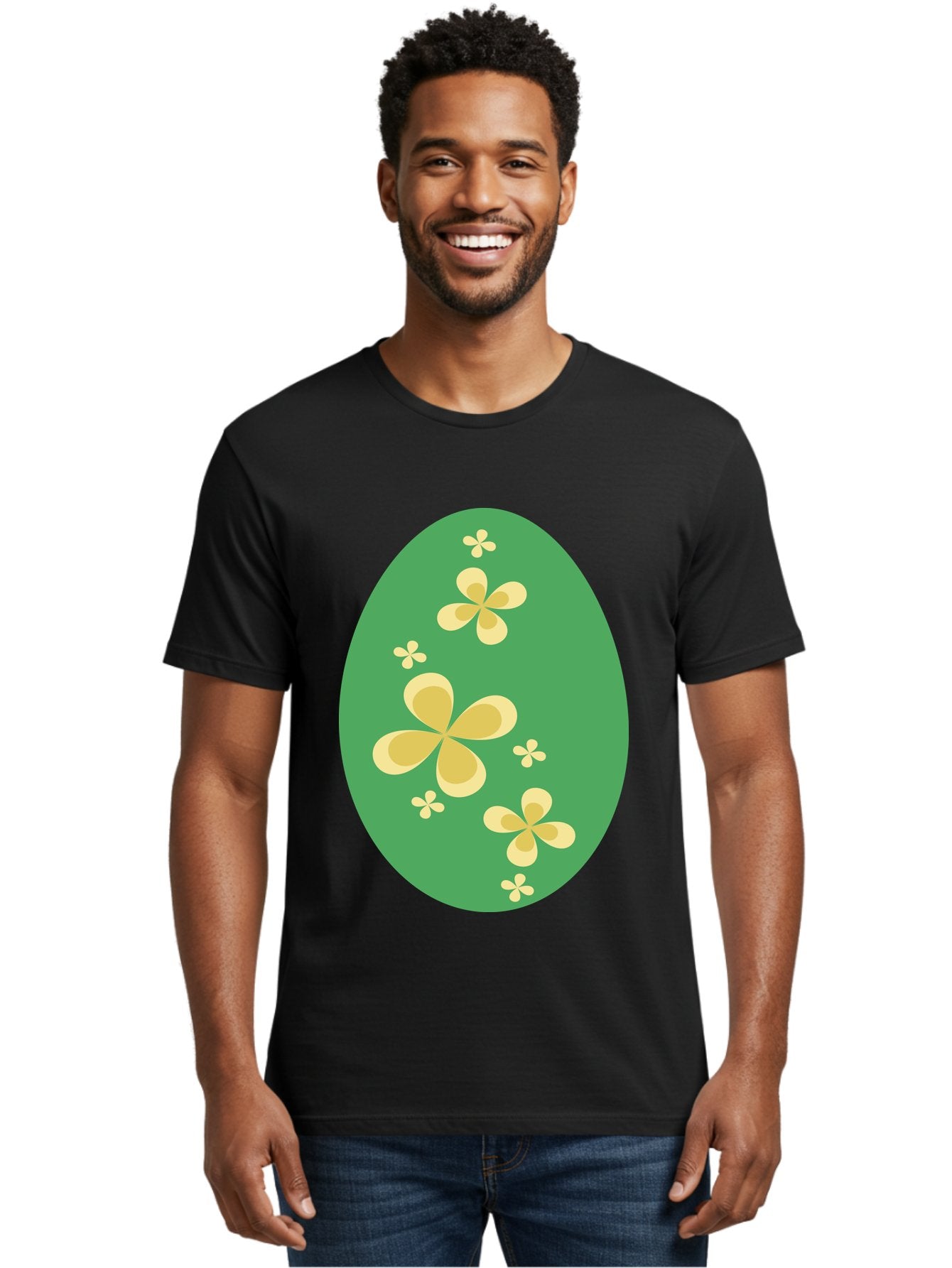 Easter-Egg-2 Men'S Graphic Tee, 100% Cotton, Comfortable Casual Summer Wear, Machine Washable, Easter Egg, Floral Pattern, Yellow Flowers, Oval Shape, Decorative Design, Spring Theme, Easter Decoration, Floral Motif, Pastel Colors Aac672 25