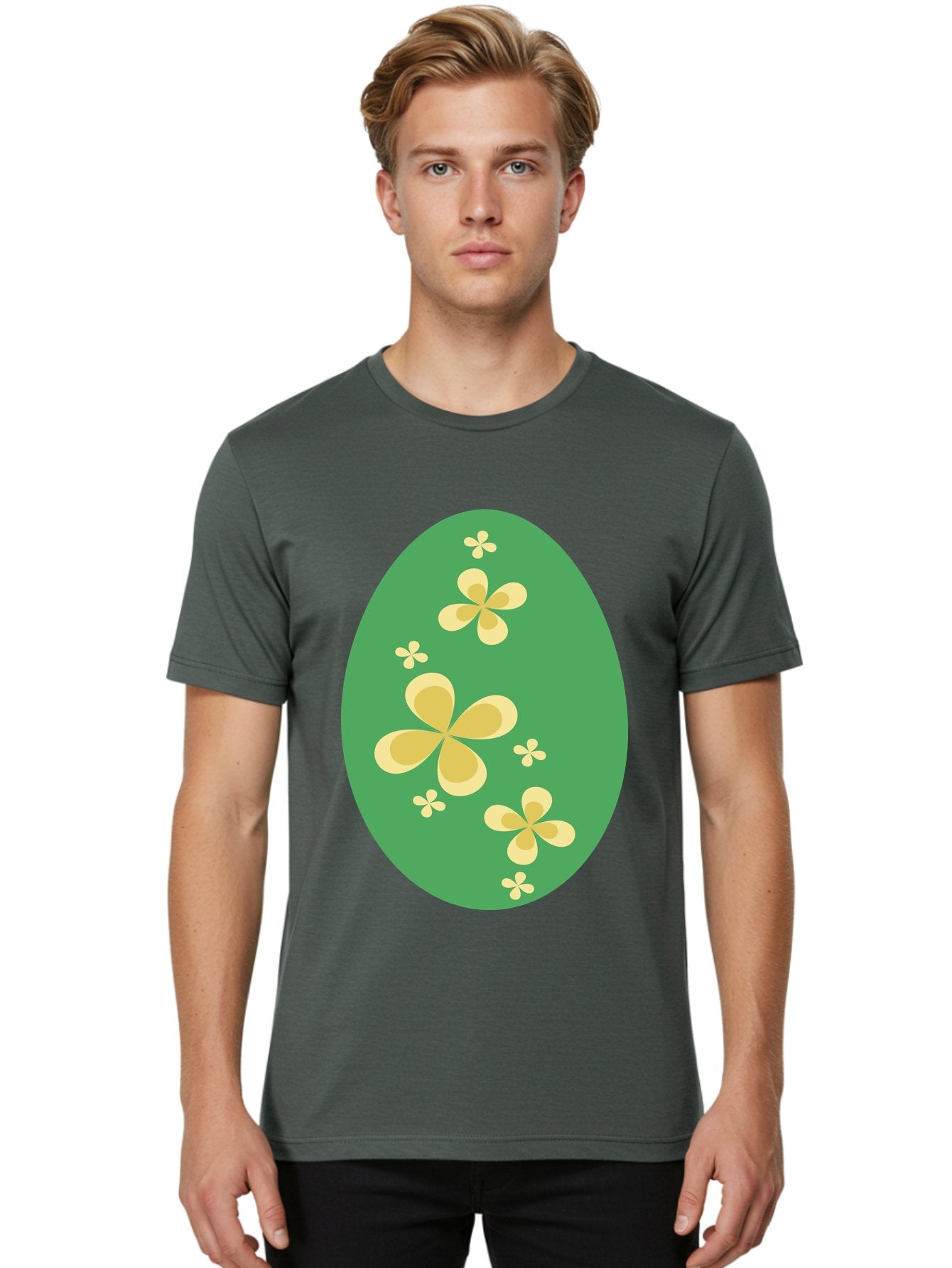 Easter-Egg-2 Men'S Graphic Tee, 100% Cotton, Comfortable Casual Summer Wear, Machine Washable, Easter Egg, Floral Pattern, Yellow Flowers, Oval Shape, Decorative Design, Spring Theme, Easter Decoration, Floral Motif, Pastel Colors Aac672 30