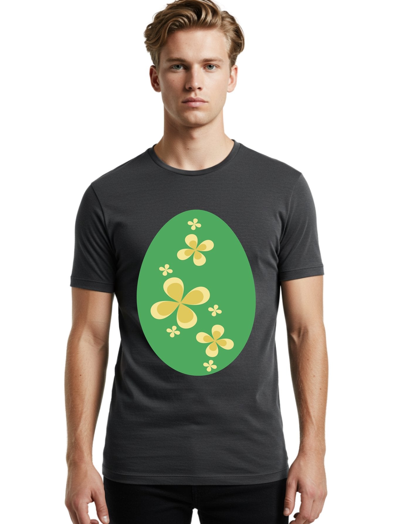 Easter-Egg-2 Men'S Graphic Tee, 100% Cotton, Comfortable Casual Summer Wear, Machine Washable, Easter Egg, Floral Pattern, Yellow Flowers, Oval Shape, Decorative Design, Spring Theme, Easter Decoration, Floral Motif, Pastel Colors Aac672 19