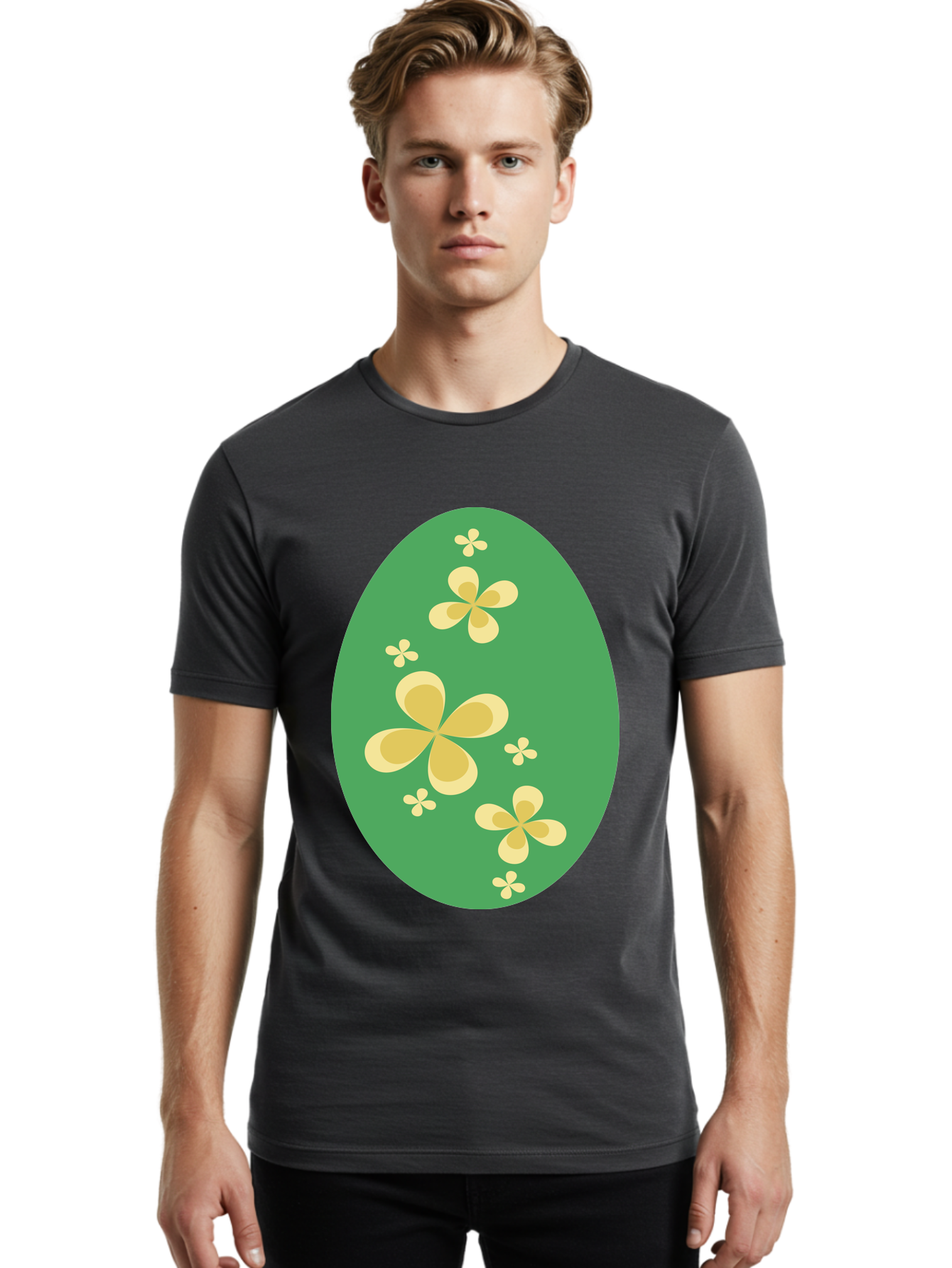 Easter-Egg-2 Men'S Graphic Tee, 100% Cotton, Comfortable Casual Summer Wear, Machine Washable, Easter Egg, Floral Pattern, Yellow Flowers, Oval Shape, Decorative Design, Spring Theme, Easter Decoration, Floral Motif, Pastel Colors Aac672 22