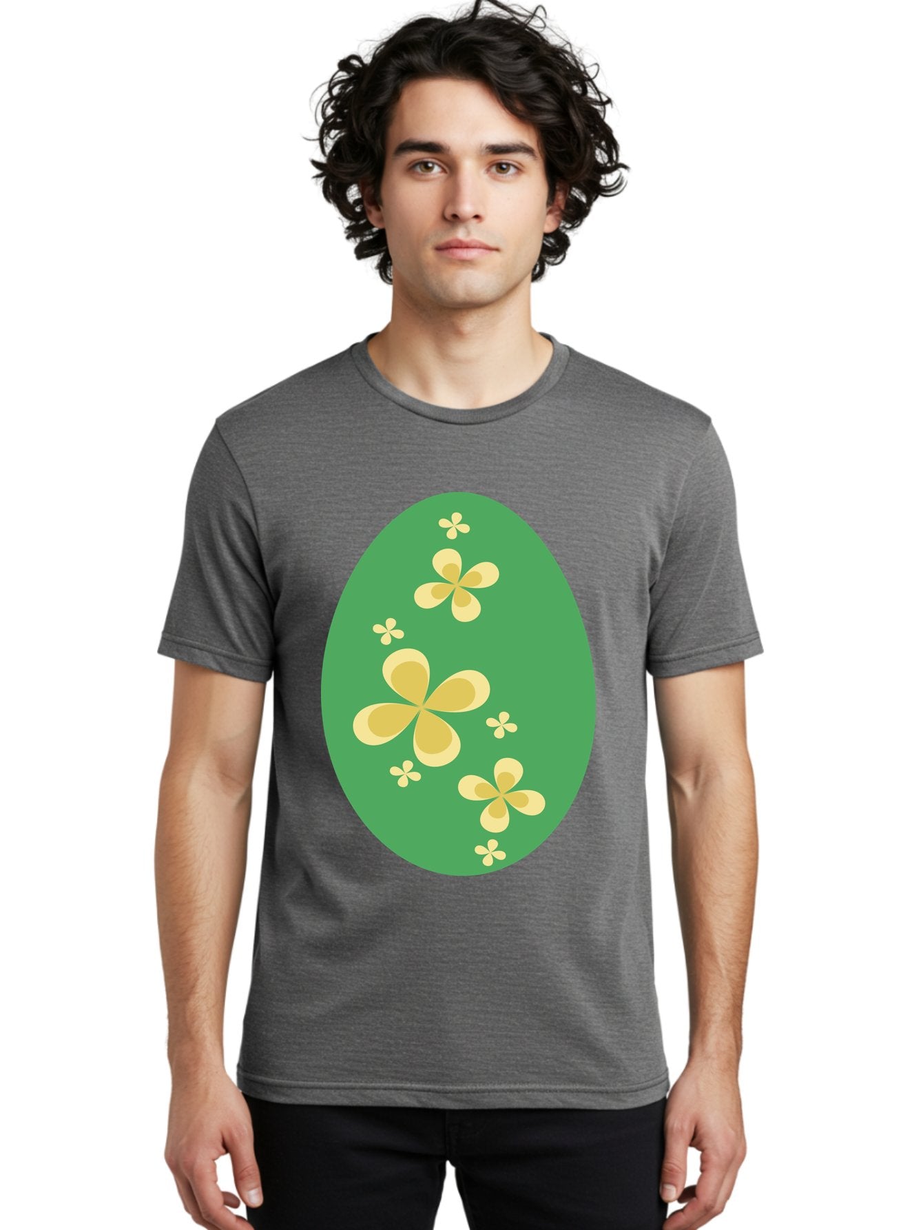 Easter-Egg-2 Men'S Graphic Tee, 100% Cotton, Comfortable Casual Summer Wear, Machine Washable, Easter Egg, Floral Pattern, Yellow Flowers, Oval Shape, Decorative Design, Spring Theme, Easter Decoration, Floral Motif, Pastel Colors Aac672 29