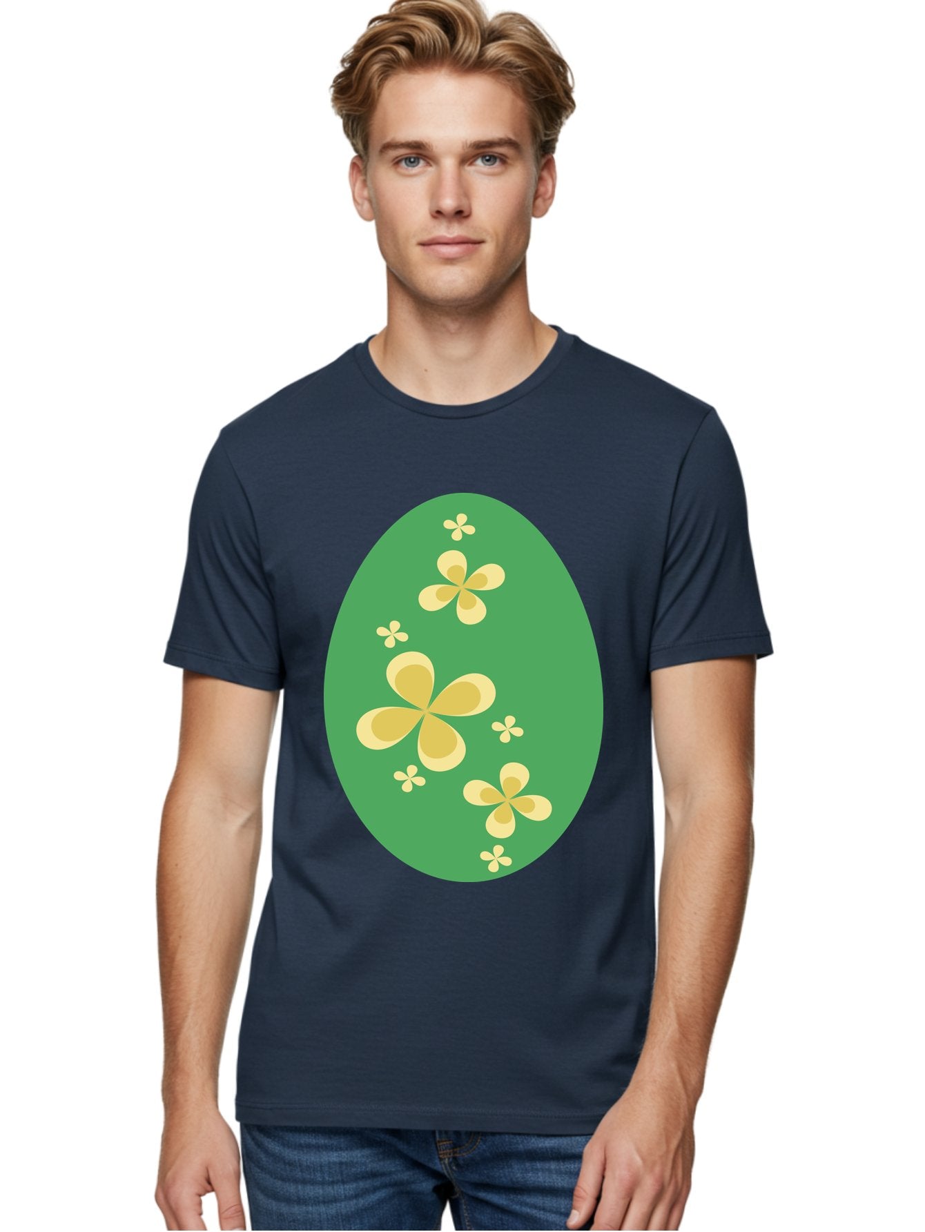 Easter-Egg-2 Men'S Graphic Tee, 100% Cotton, Comfortable Casual Summer Wear, Machine Washable, Easter Egg, Floral Pattern, Yellow Flowers, Oval Shape, Decorative Design, Spring Theme, Easter Decoration, Floral Motif, Pastel Colors Aac672 18