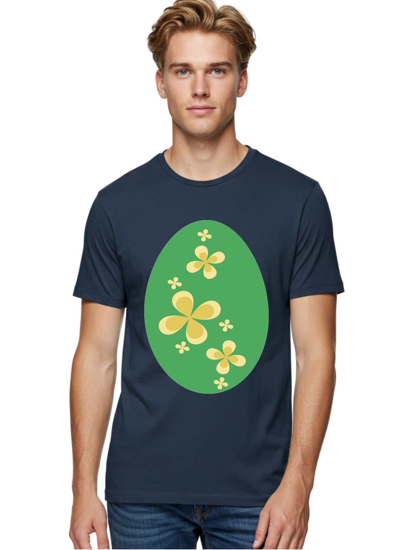 Easter-Egg-2 Men'S Graphic Tee, 100% Cotton, Comfortable Casual Summer Wear, Machine Washable, Easter Egg, Floral Pattern, Yellow Flowers, Oval Shape, Decorative Design, Spring Theme, Easter Decoration, Floral Motif, Pastel Colors Aac672 24
