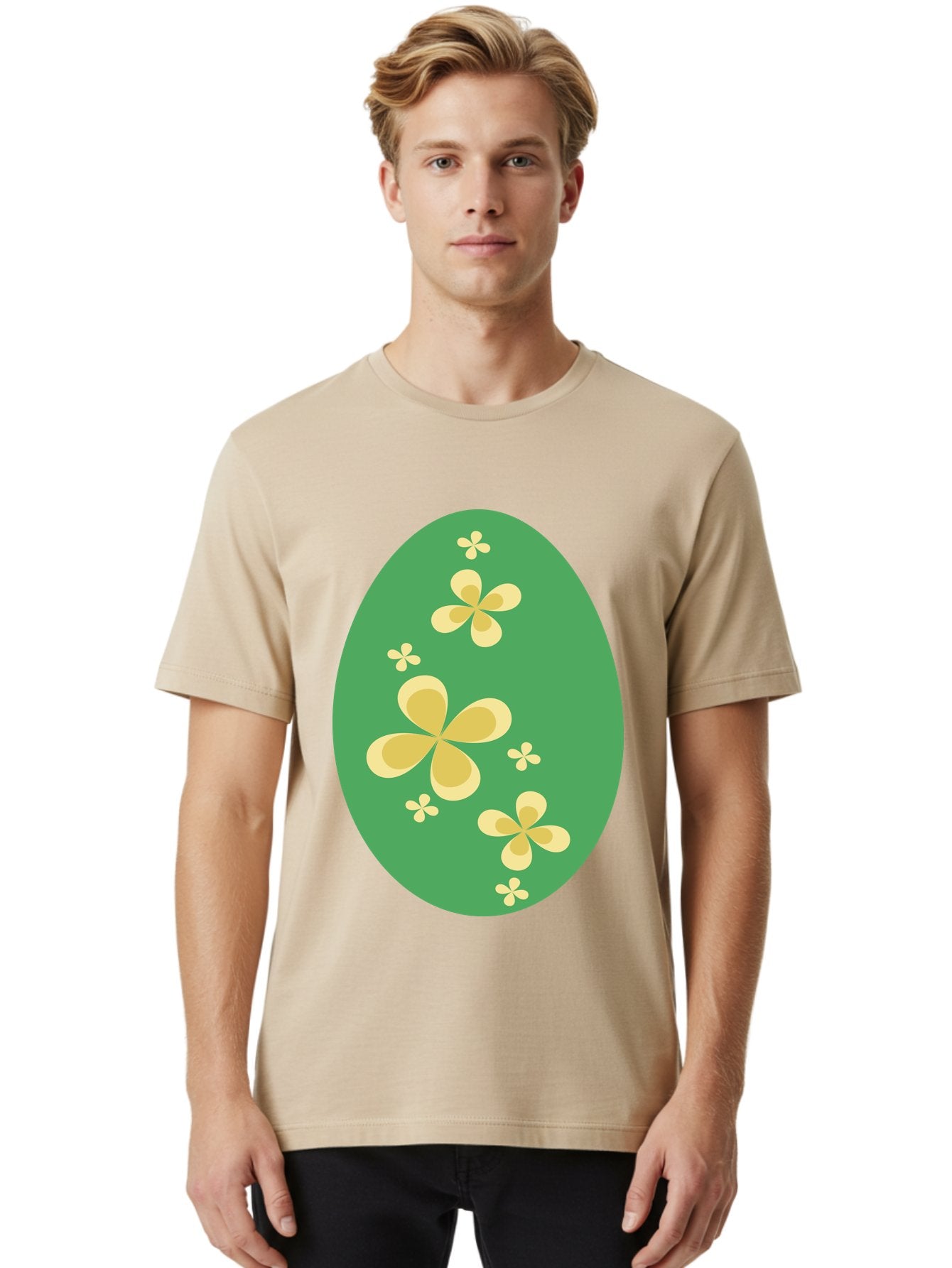 Easter-Egg-2 Men'S Graphic Tee, 100% Cotton, Comfortable Casual Summer Wear, Machine Washable, Easter Egg, Floral Pattern, Yellow Flowers, Oval Shape, Decorative Design, Spring Theme, Easter Decoration, Floral Motif, Pastel Colors Aac672 24
