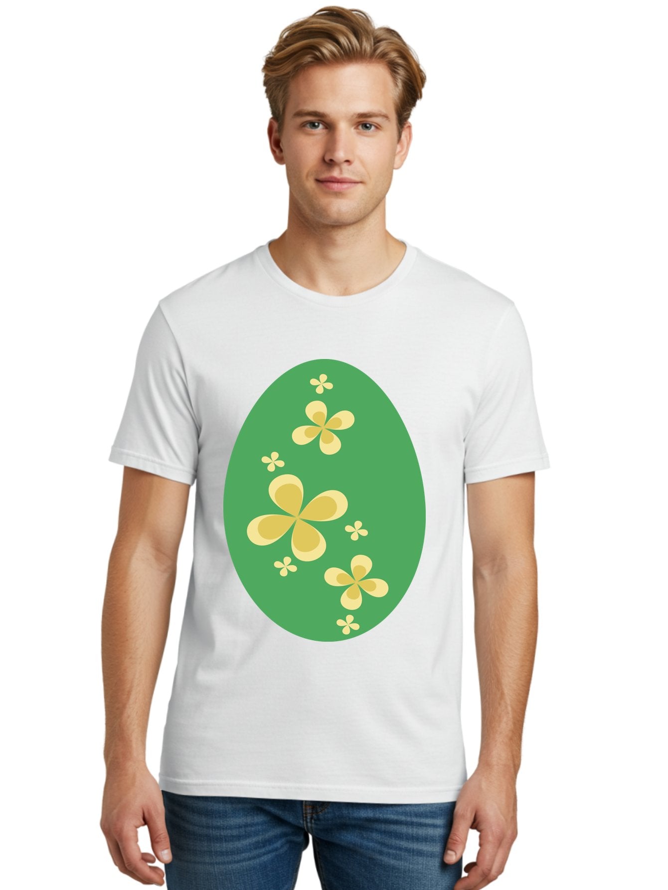 Easter-Egg-2 Men'S Graphic Tee, 100% Cotton, Comfortable Casual Summer Wear, Machine Washable, Easter Egg, Floral Pattern, Yellow Flowers, Oval Shape, Decorative Design, Spring Theme, Easter Decoration, Floral Motif, Pastel Colors Aac672 17