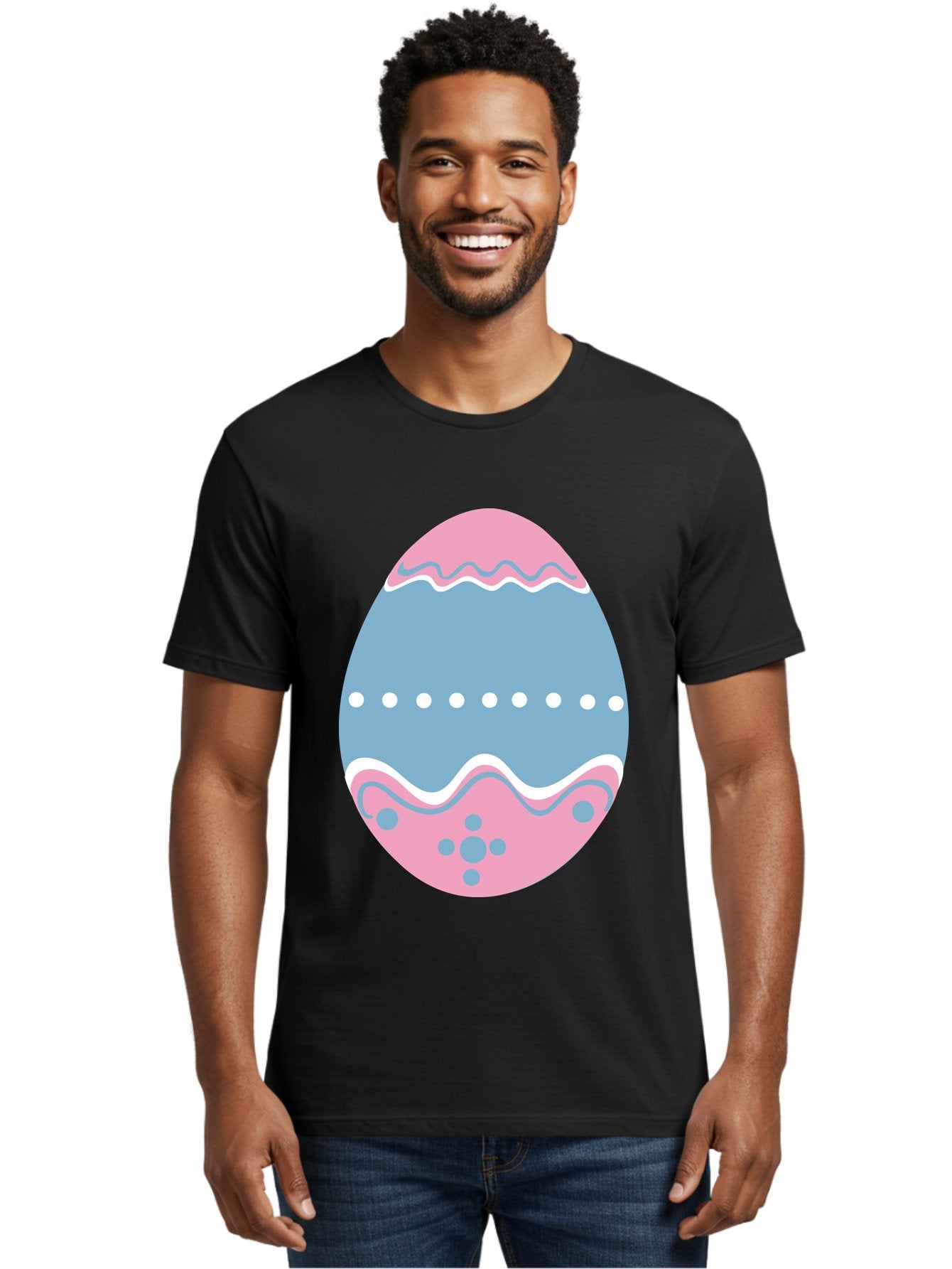 Easter-Egg-3 Men'S Graphic Tee, 100% Cotton, Comfortable Casual Summer Wear, Machine Washable, Easter Egg, Pink And Blue Egg, Decorated Egg, Wavy Lines, White Dots, Blue And Pink Swirls, Pastel Colors, Spring Decoration, Easter Theme, Aac673 21
