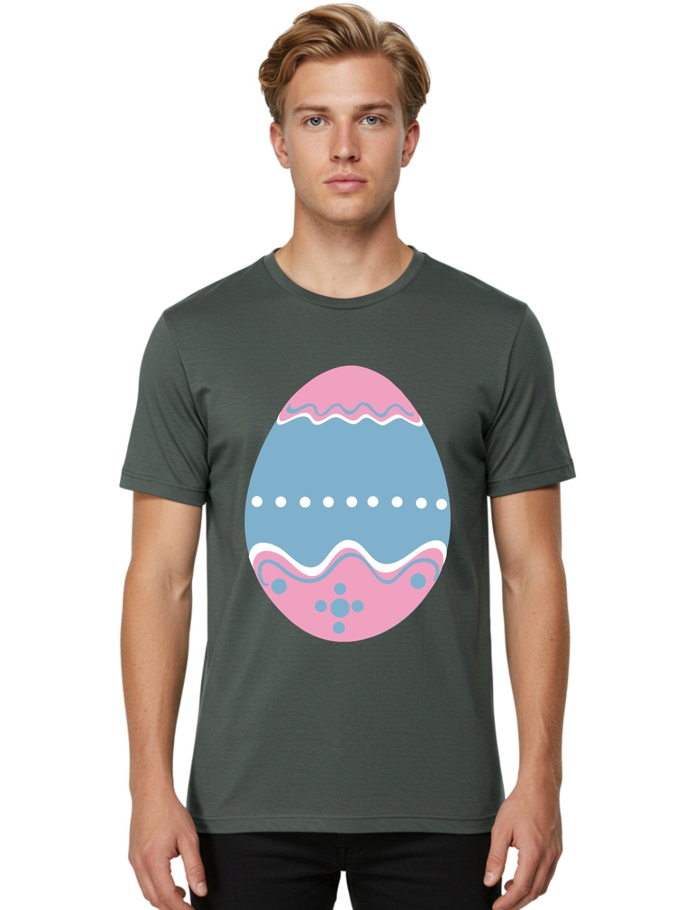 Easter-Egg-3 Men'S Graphic Tee, 100% Cotton, Comfortable Casual Summer Wear, Machine Washable, Easter Egg, Pink And Blue Egg, Decorated Egg, Wavy Lines, White Dots, Blue And Pink Swirls, Pastel Colors, Spring Decoration, Easter Theme, Aac673 19