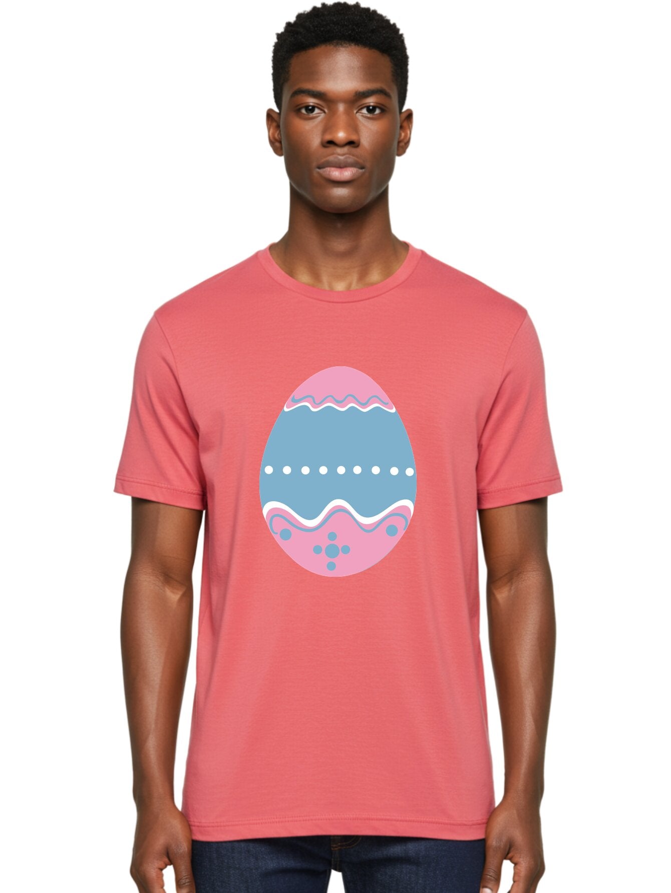 Easter-Egg-3 Men'S Graphic Tee, 100% Cotton, Comfortable Casual Summer Wear, Machine Washable, Easter Egg, Pink And Blue Egg, Decorated Egg, Wavy Lines, White Dots, Blue And Pink Swirls, Pastel Colors, Spring Decoration, Easter Theme, Aac673 22