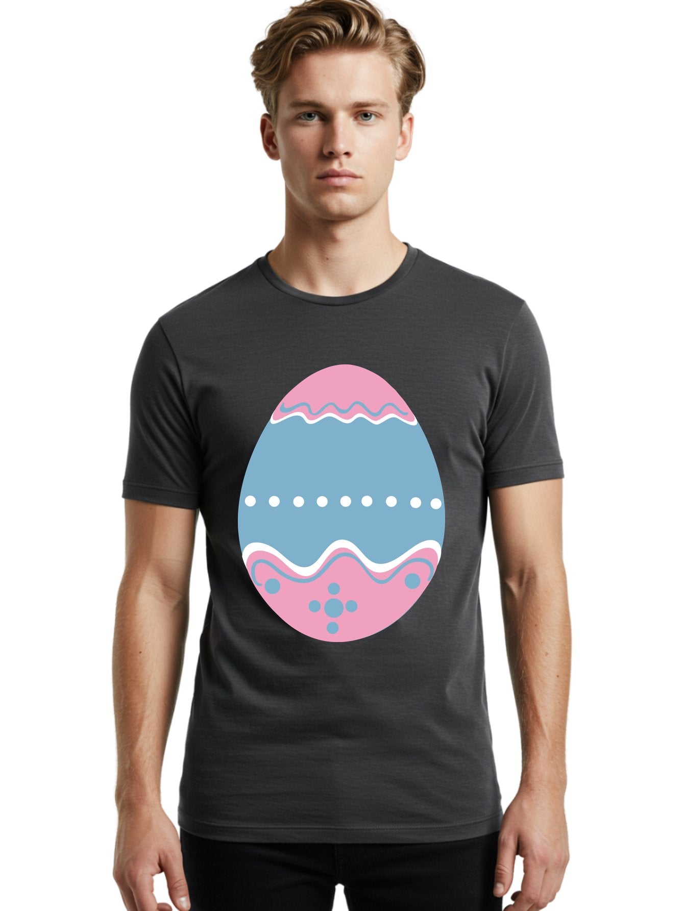 Easter-Egg-3 Men'S Graphic Tee, 100% Cotton, Comfortable Casual Summer Wear, Machine Washable, Easter Egg, Pink And Blue Egg, Decorated Egg, Wavy Lines, White Dots, Blue And Pink Swirls, Pastel Colors, Spring Decoration, Easter Theme, Aac673 17