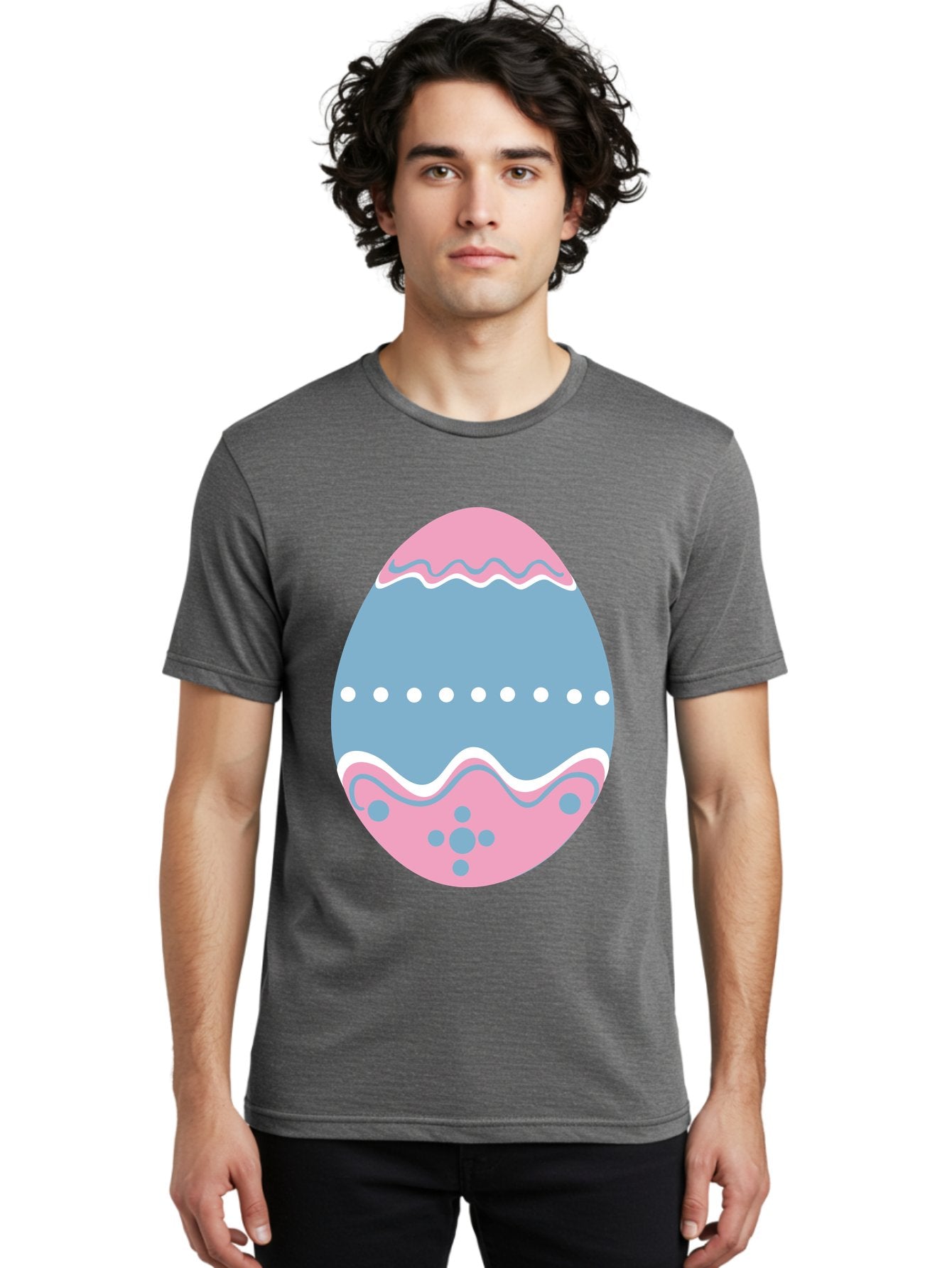 Easter-Egg-3 Men'S Graphic Tee, 100% Cotton, Comfortable Casual Summer Wear, Machine Washable, Easter Egg, Pink And Blue Egg, Decorated Egg, Wavy Lines, White Dots, Blue And Pink Swirls, Pastel Colors, Spring Decoration, Easter Theme, Aac673 16