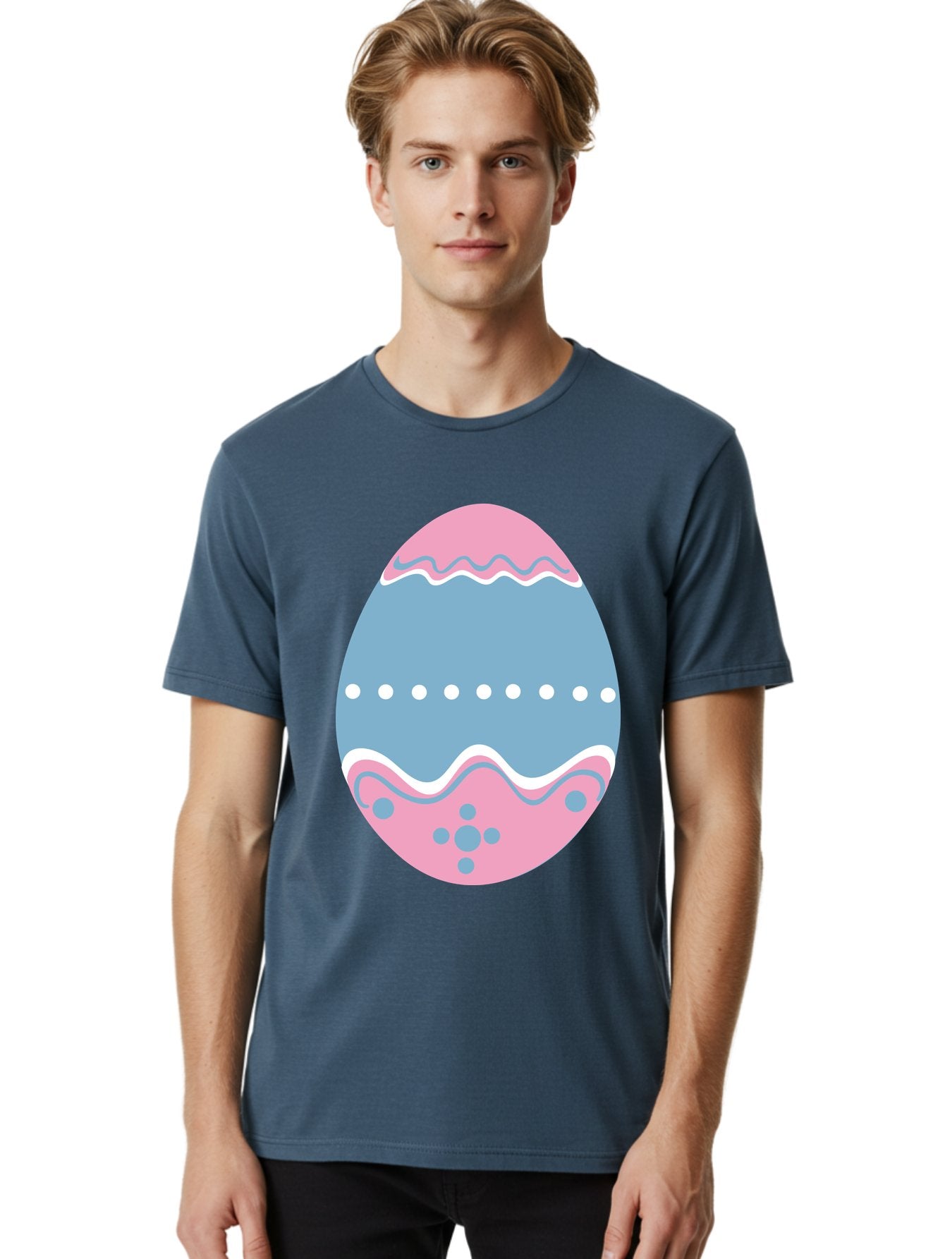 Easter-Egg-3 Men'S Graphic Tee, 100% Cotton, Comfortable Casual Summer Wear, Machine Washable, Easter Egg, Pink And Blue Egg, Decorated Egg, Wavy Lines, White Dots, Blue And Pink Swirls, Pastel Colors, Spring Decoration, Easter Theme, Aac673 23