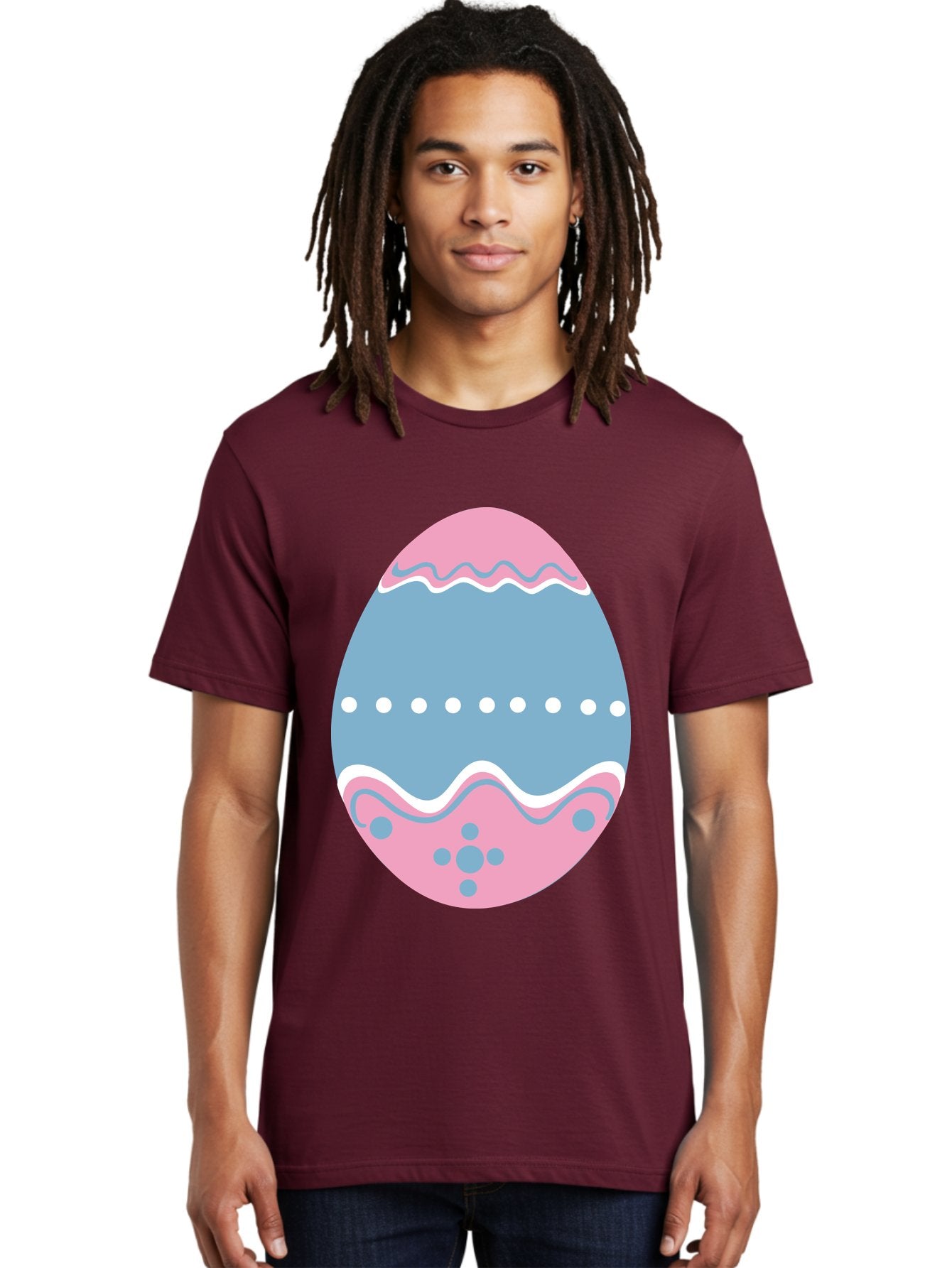 Easter-Egg-3 Men'S Graphic Tee, 100% Cotton, Comfortable Casual Summer Wear, Machine Washable, Easter Egg, Pink And Blue Egg, Decorated Egg, Wavy Lines, White Dots, Blue And Pink Swirls, Pastel Colors, Spring Decoration, Easter Theme, Aac673 30