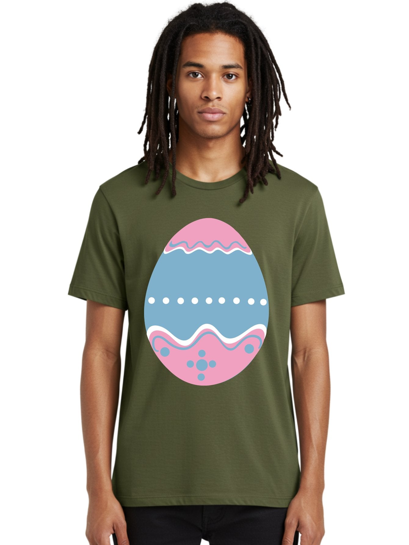 Easter-Egg-3 Men'S Graphic Tee, 100% Cotton, Comfortable Casual Summer Wear, Machine Washable, Easter Egg, Pink And Blue Egg, Decorated Egg, Wavy Lines, White Dots, Blue And Pink Swirls, Pastel Colors, Spring Decoration, Easter Theme, Aac673 25