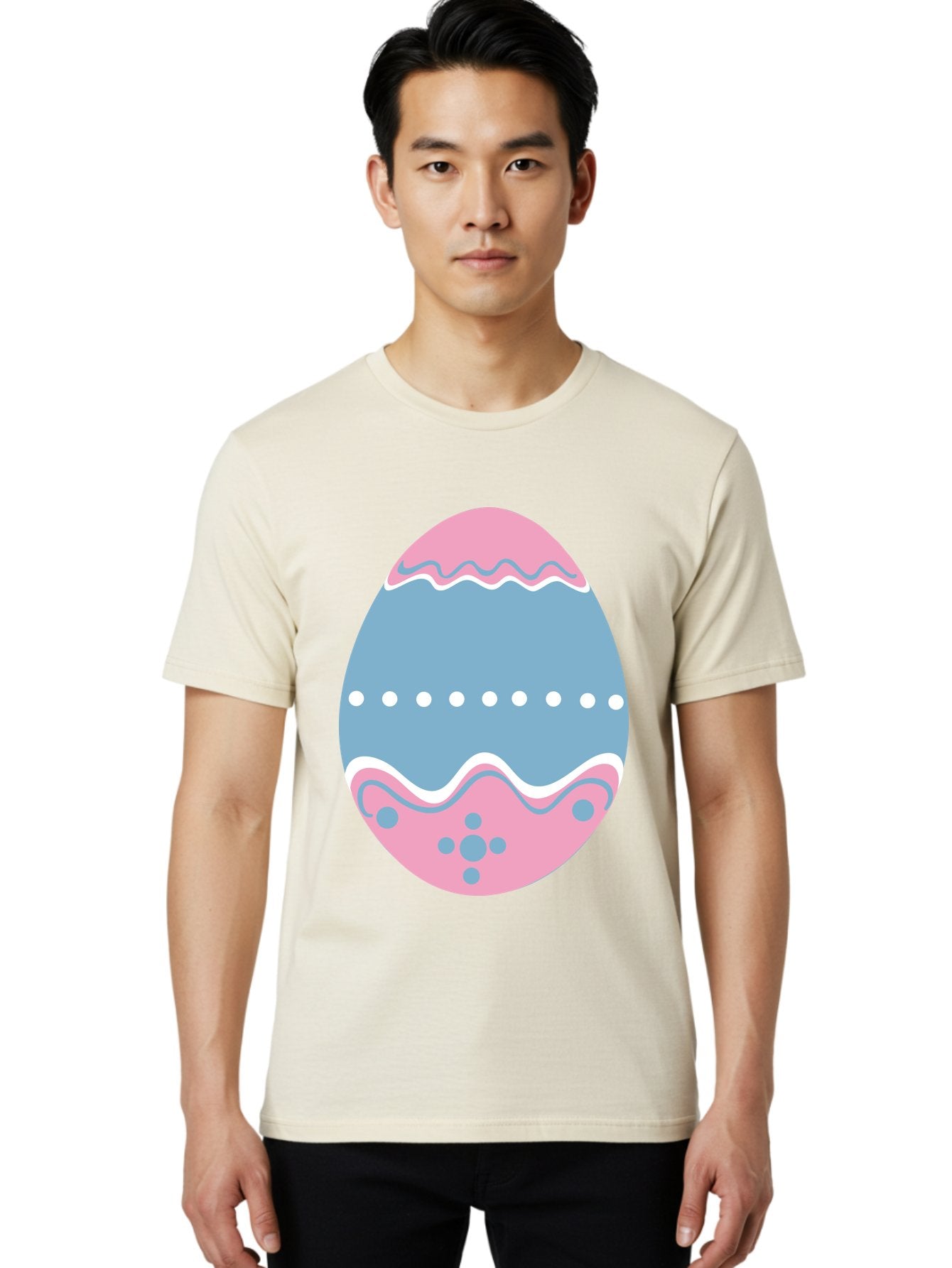 Easter-Egg-3 Men'S Graphic Tee, 100% Cotton, Comfortable Casual Summer Wear, Machine Washable, Easter Egg, Pink And Blue Egg, Decorated Egg, Wavy Lines, White Dots, Blue And Pink Swirls, Pastel Colors, Spring Decoration, Easter Theme, Aac673 20