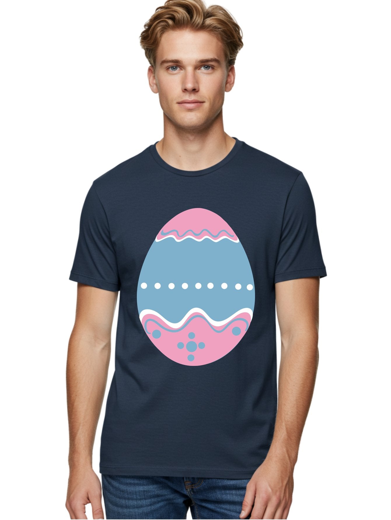 Easter-Egg-3 Men'S Graphic Tee, 100% Cotton, Comfortable Casual Summer Wear, Machine Washable, Easter Egg, Pink And Blue Egg, Decorated Egg, Wavy Lines, White Dots, Blue And Pink Swirls, Pastel Colors, Spring Decoration, Easter Theme, Aac673 27