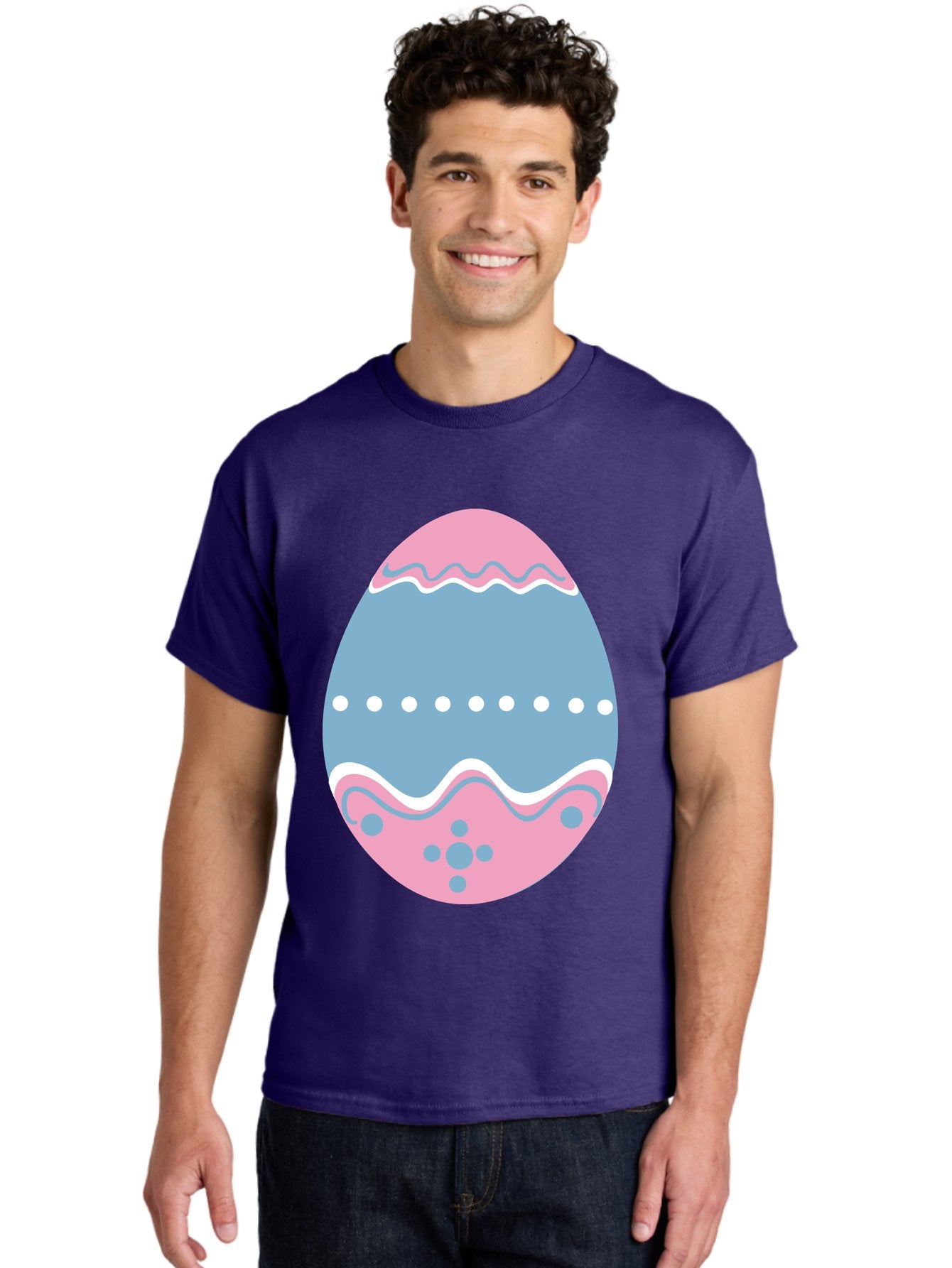 Easter-Egg-3 Men'S Graphic Tee, 100% Cotton, Comfortable Casual Summer Wear, Machine Washable, Easter Egg, Pink And Blue Egg, Decorated Egg, Wavy Lines, White Dots, Blue And Pink Swirls, Pastel Colors, Spring Decoration, Easter Theme, Aac673 18