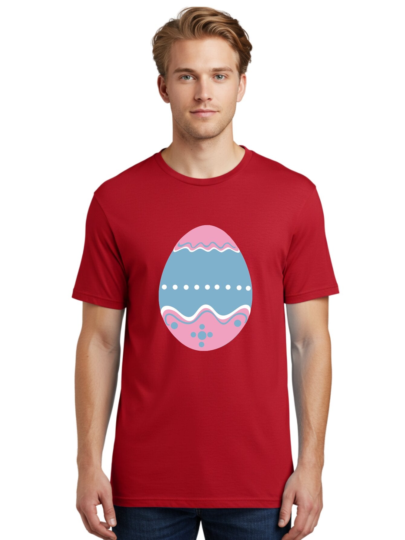 Easter-Egg-3 Men'S Graphic Tee, 100% Cotton, Comfortable Casual Summer Wear, Machine Washable, Easter Egg, Pink And Blue Egg, Decorated Egg, Wavy Lines, White Dots, Blue And Pink Swirls, Pastel Colors, Spring Decoration, Easter Theme, Aac673 24