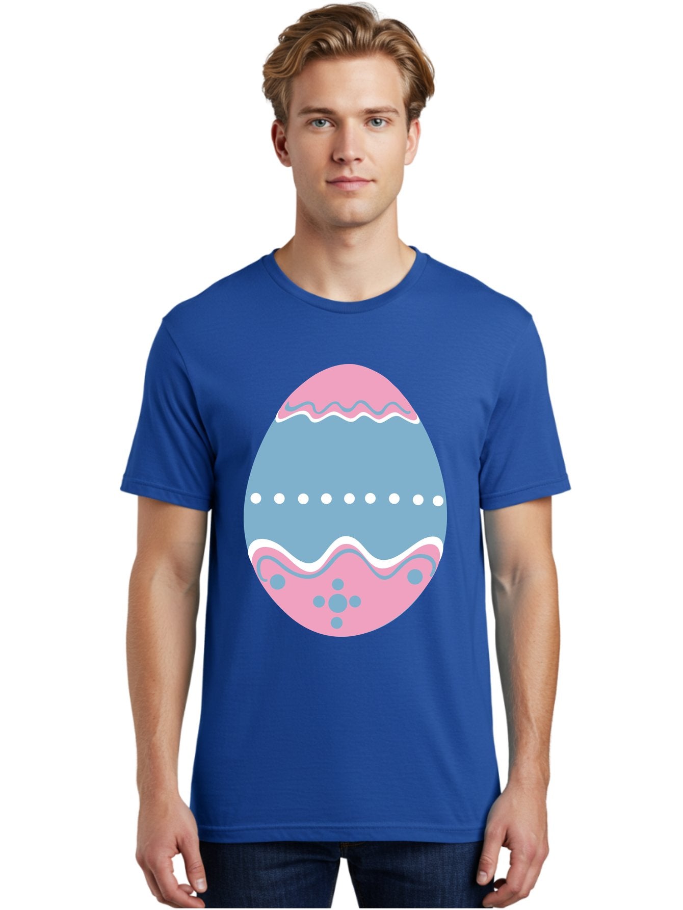 Easter-Egg-3 Men'S Graphic Tee, 100% Cotton, Comfortable Casual Summer Wear, Machine Washable, Easter Egg, Pink And Blue Egg, Decorated Egg, Wavy Lines, White Dots, Blue And Pink Swirls, Pastel Colors, Spring Decoration, Easter Theme, Aac673 28