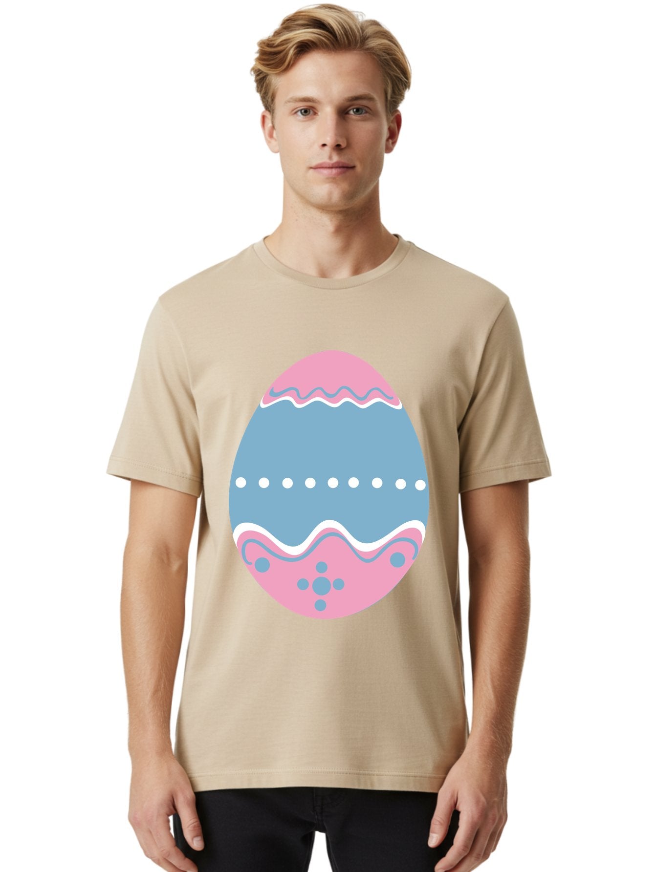 Easter-Egg-3 Men'S Graphic Tee, 100% Cotton, Comfortable Casual Summer Wear, Machine Washable, Easter Egg, Pink And Blue Egg, Decorated Egg, Wavy Lines, White Dots, Blue And Pink Swirls, Pastel Colors, Spring Decoration, Easter Theme, Aac673 26