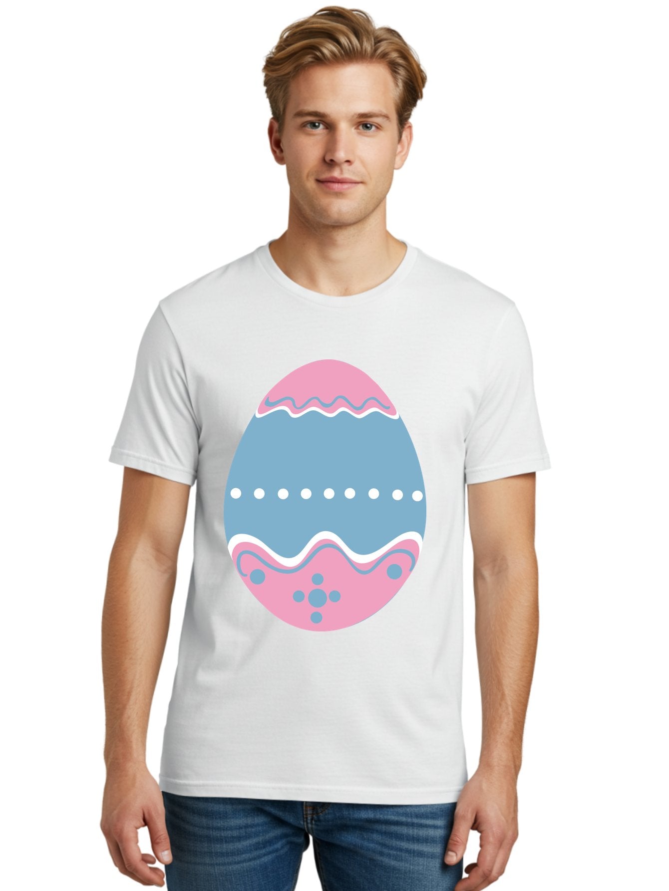 Easter-Egg-3 Men'S Graphic Tee, 100% Cotton, Comfortable Casual Summer Wear, Machine Washable, Easter Egg, Pink And Blue Egg, Decorated Egg, Wavy Lines, White Dots, Blue And Pink Swirls, Pastel Colors, Spring Decoration, Easter Theme, Aac673 29