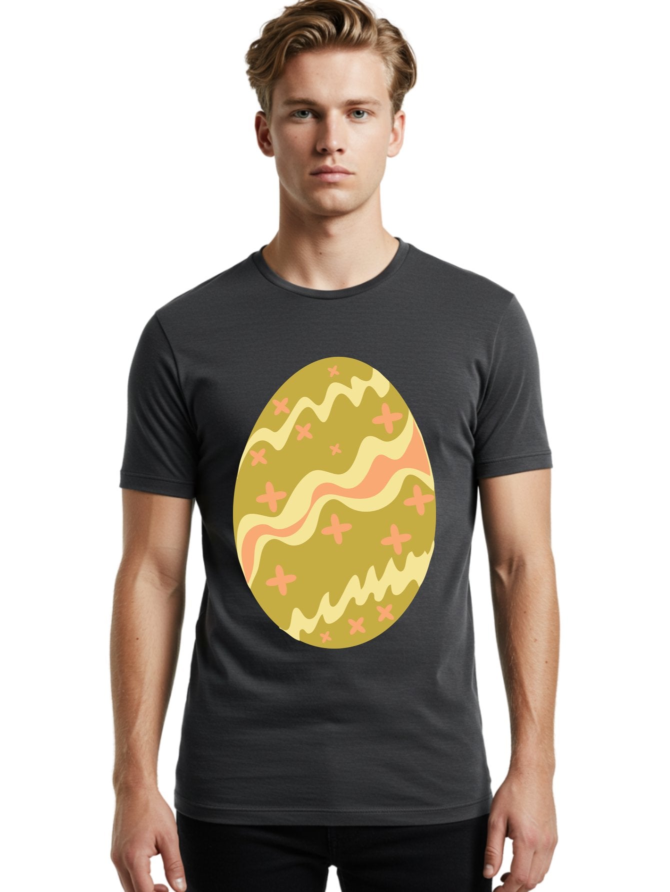 Easter-Egg-4 Men'S Graphic Tee, 100% Cotton, Comfortable Casual Summer Wear, Machine Washable, Easter Egg, Pastel Colors, Wavy Lines, Pink Crosses, Decorated Egg, Spring Theme, Festive Design, Easter Decoration, Egg Hunt Aac674 23