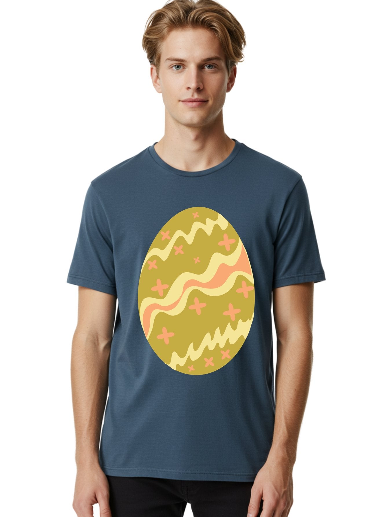 Easter-Egg-4 Men'S Graphic Tee, 100% Cotton, Comfortable Casual Summer Wear, Machine Washable, Easter Egg, Pastel Colors, Wavy Lines, Pink Crosses, Decorated Egg, Spring Theme, Festive Design, Easter Decoration, Egg Hunt Aac674 21
