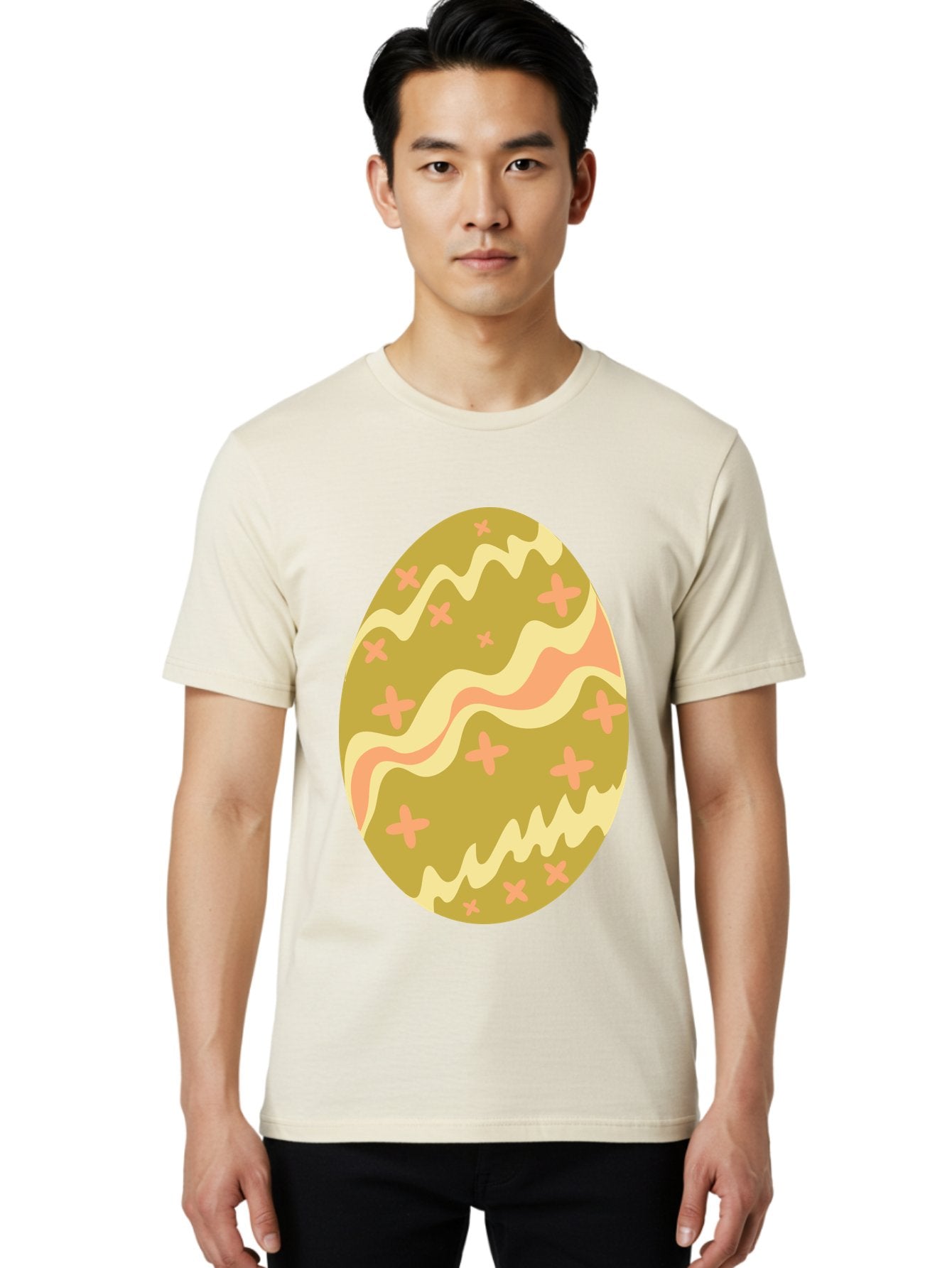 Easter-Egg-4 Men'S Graphic Tee, 100% Cotton, Comfortable Casual Summer Wear, Machine Washable, Easter Egg, Pastel Colors, Wavy Lines, Pink Crosses, Decorated Egg, Spring Theme, Festive Design, Easter Decoration, Egg Hunt Aac674 24