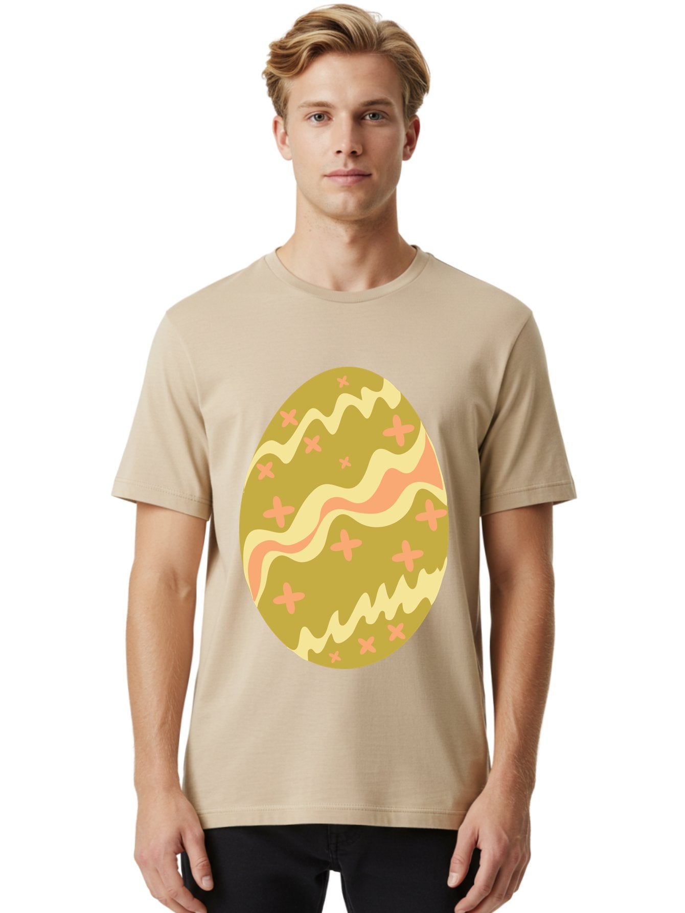 Easter-Egg-4 Men'S Graphic Tee, 100% Cotton, Comfortable Casual Summer Wear, Machine Washable, Easter Egg, Pastel Colors, Wavy Lines, Pink Crosses, Decorated Egg, Spring Theme, Festive Design, Easter Decoration, Egg Hunt Aac674 17