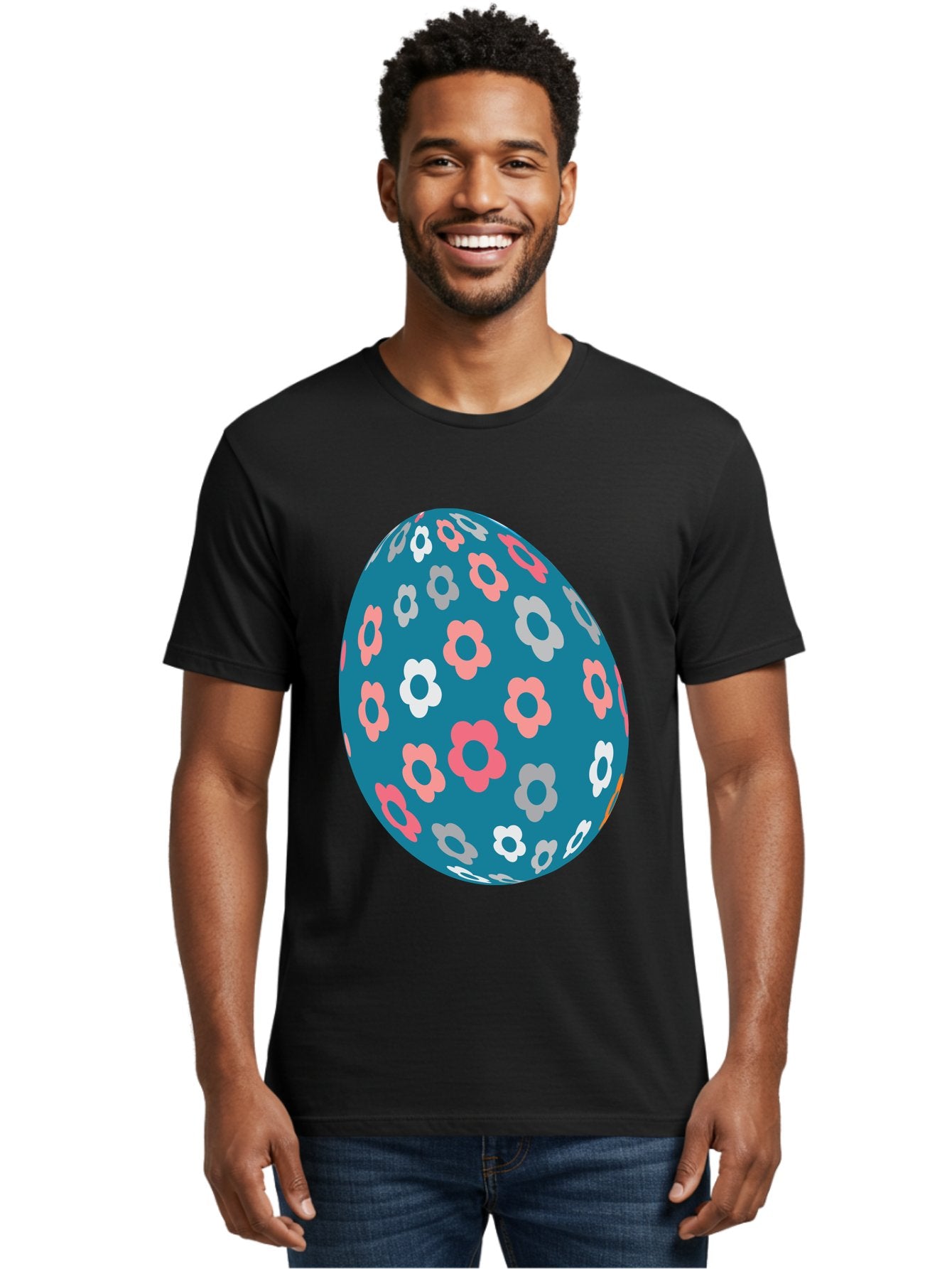 Easter-Egg Men'S Graphic Tee, 100% Cotton, Comfortable Casual Summer Wear, Machine Washable, Blue Easter Egg, Floral Pattern, Pink And White Flowers, Spring Decoration, Easter Egg Decoration, Digital Illustration, Easter Theme, Aac676 23
