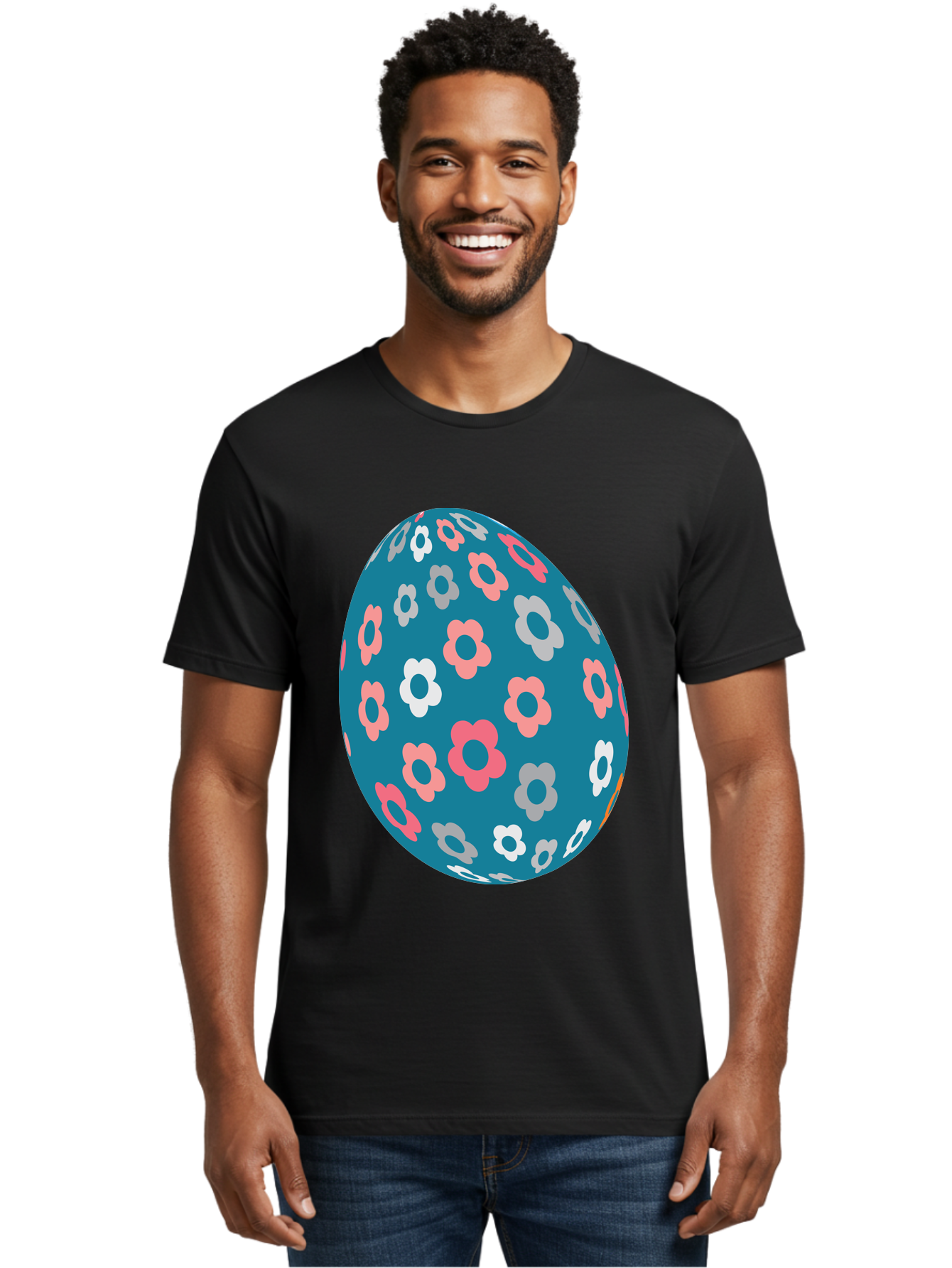 Easter-Egg Men'S Graphic Tee, 100% Cotton, Comfortable Casual Summer Wear, Machine Washable, Blue Easter Egg, Floral Pattern, Pink And White Flowers, Spring Decoration, Easter Egg Decoration, Digital Illustration, Easter Theme, Aac676 16