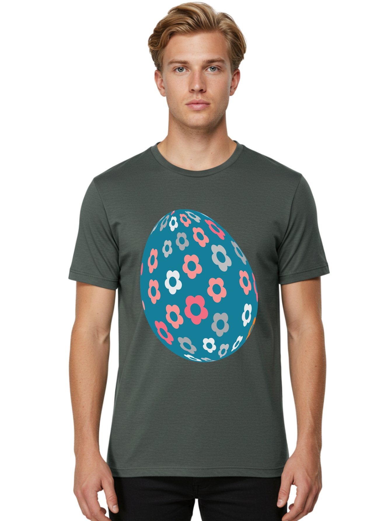 Easter-Egg Men'S Graphic Tee, 100% Cotton, Comfortable Casual Summer Wear, Machine Washable, Blue Easter Egg, Floral Pattern, Pink And White Flowers, Spring Decoration, Easter Egg Decoration, Digital Illustration, Easter Theme, Aac676 19