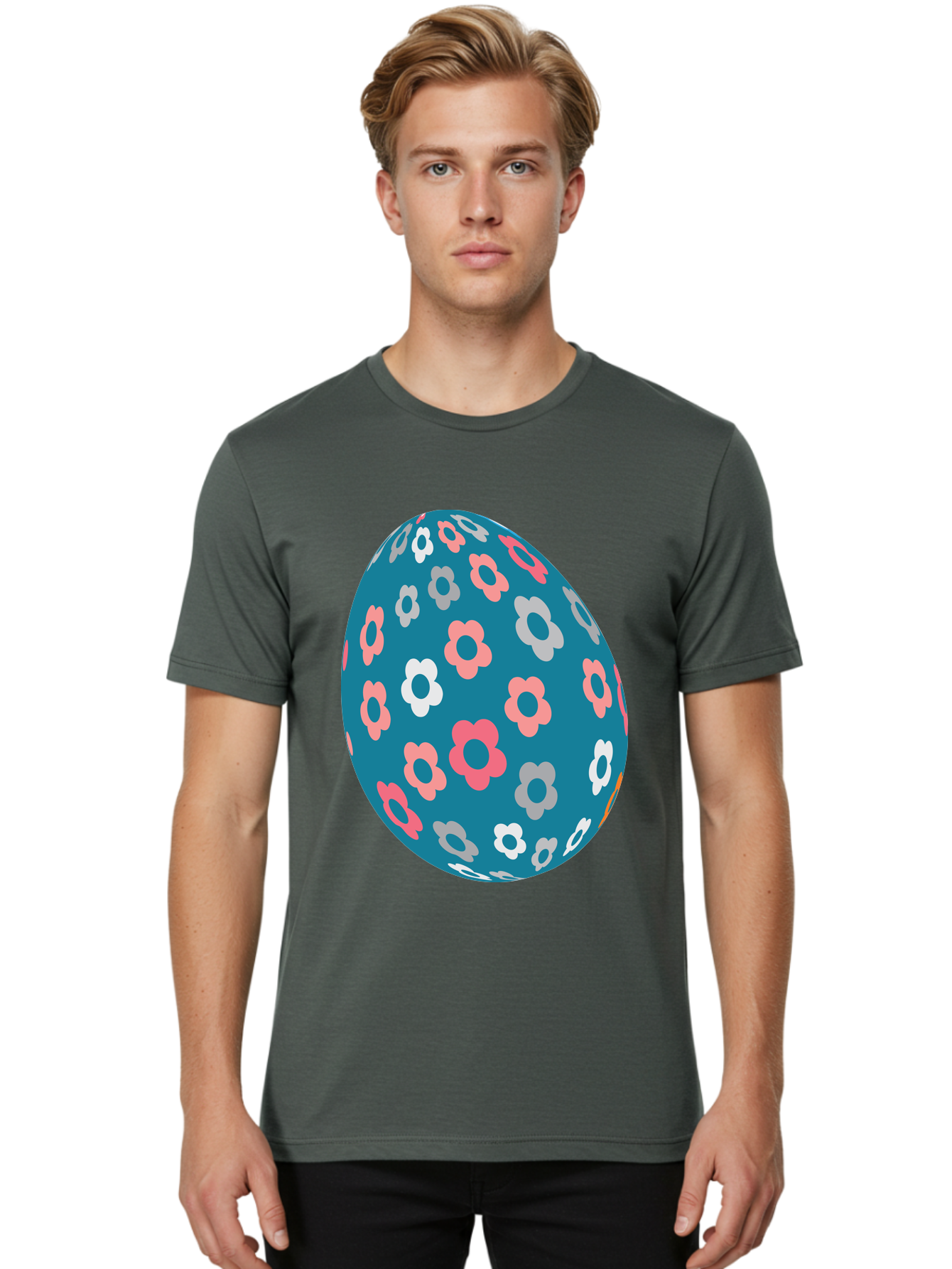 Easter-Egg Men'S Graphic Tee, 100% Cotton, Comfortable Casual Summer Wear, Machine Washable, Blue Easter Egg, Floral Pattern, Pink And White Flowers, Spring Decoration, Easter Egg Decoration, Digital Illustration, Easter Theme, Aac676 22