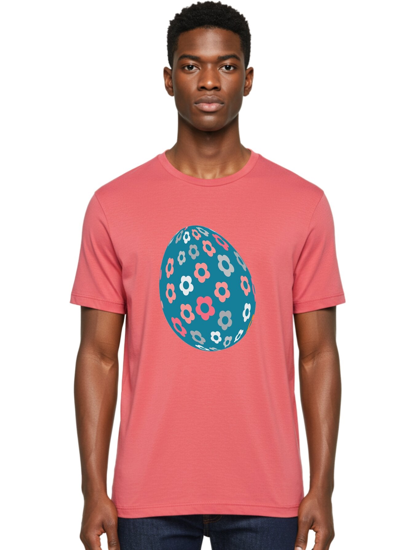 Easter-Egg Men'S Graphic Tee, 100% Cotton, Comfortable Casual Summer Wear, Machine Washable, Blue Easter Egg, Floral Pattern, Pink And White Flowers, Spring Decoration, Easter Egg Decoration, Digital Illustration, Easter Theme, Aac676 18