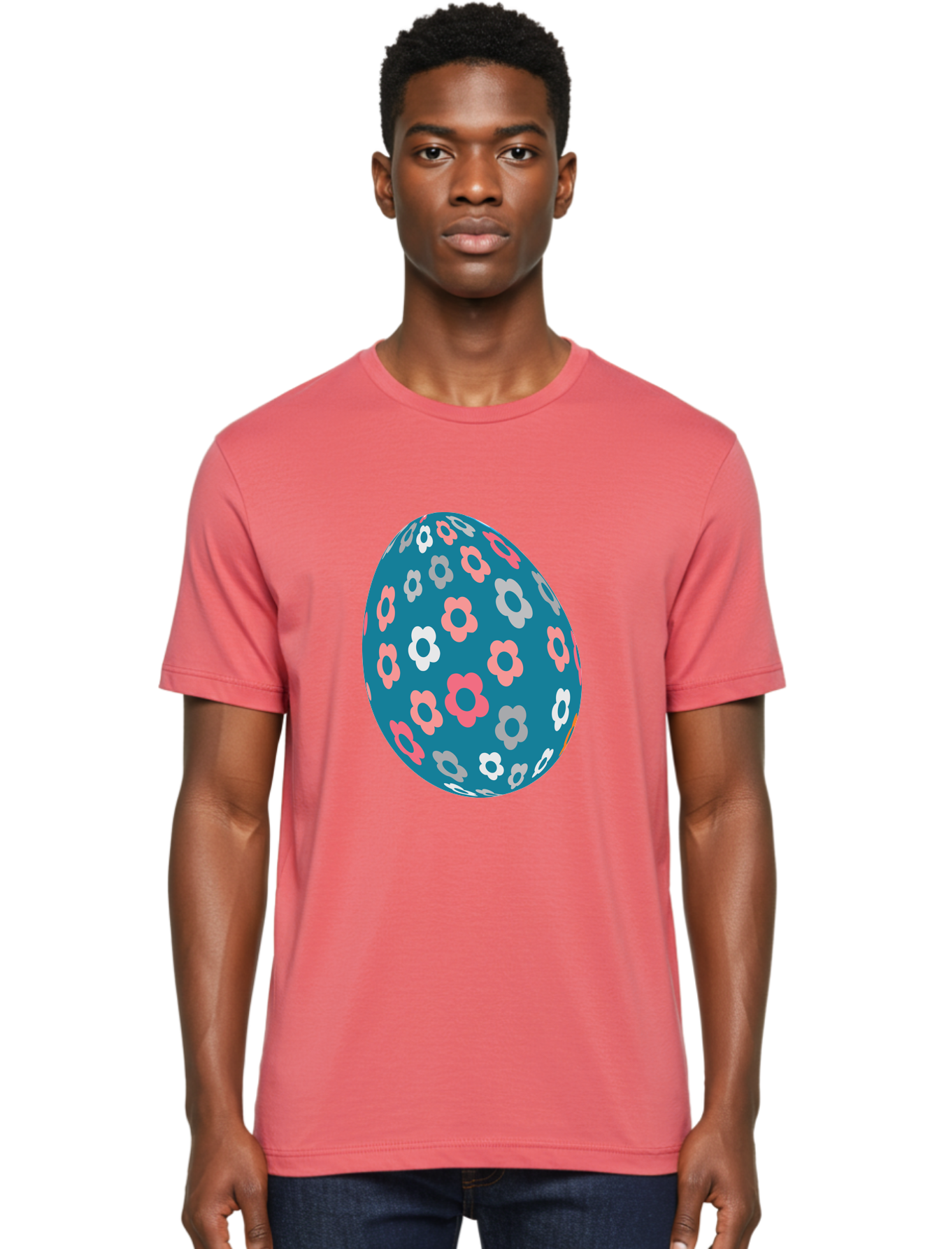 Easter-Egg Men'S Graphic Tee, 100% Cotton, Comfortable Casual Summer Wear, Machine Washable, Blue Easter Egg, Floral Pattern, Pink And White Flowers, Spring Decoration, Easter Egg Decoration, Digital Illustration, Easter Theme, Aac676 24
