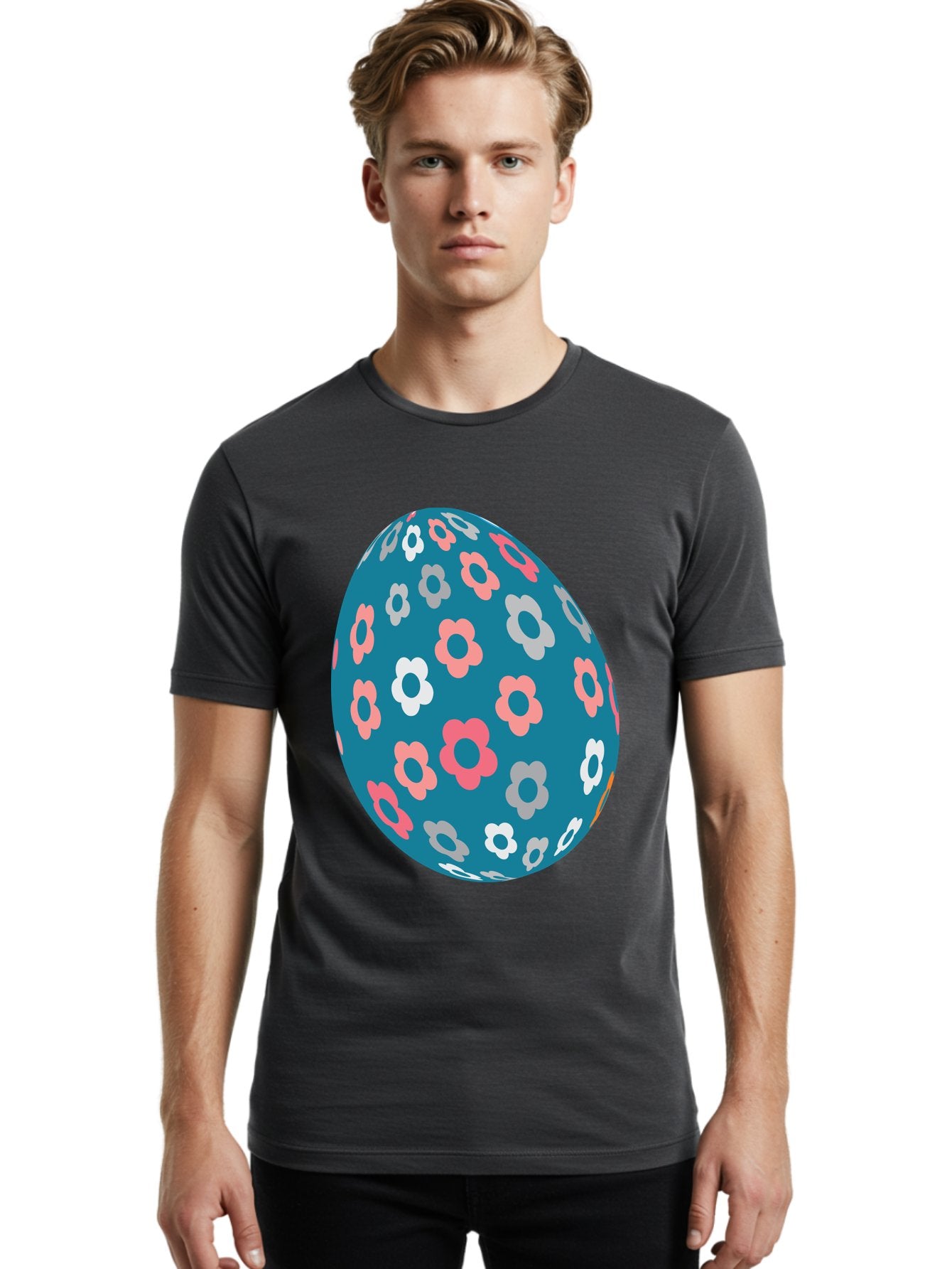 Easter-Egg Men'S Graphic Tee, 100% Cotton, Comfortable Casual Summer Wear, Machine Washable, Blue Easter Egg, Floral Pattern, Pink And White Flowers, Spring Decoration, Easter Egg Decoration, Digital Illustration, Easter Theme, Aac676 26