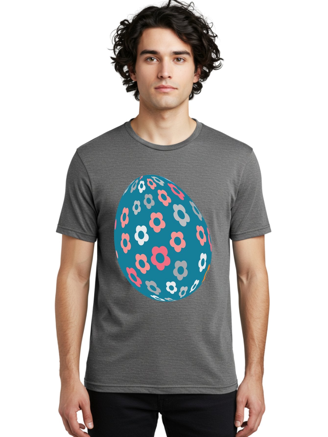 Easter-Egg Men'S Graphic Tee, 100% Cotton, Comfortable Casual Summer Wear, Machine Washable, Blue Easter Egg, Floral Pattern, Pink And White Flowers, Spring Decoration, Easter Egg Decoration, Digital Illustration, Easter Theme, Aac676 25