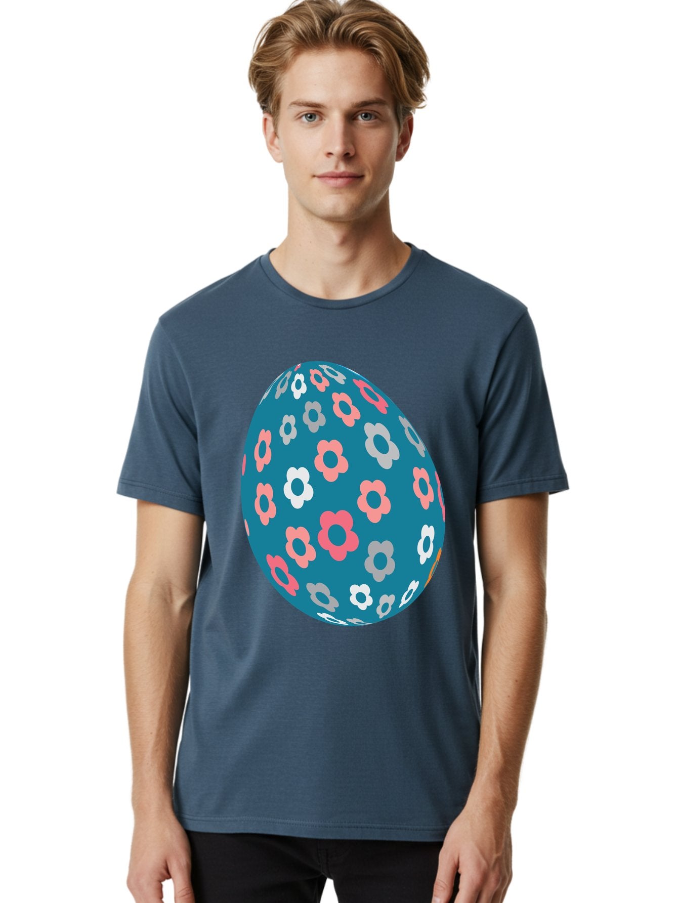 Easter-Egg Men'S Graphic Tee, 100% Cotton, Comfortable Casual Summer Wear, Machine Washable, Blue Easter Egg, Floral Pattern, Pink And White Flowers, Spring Decoration, Easter Egg Decoration, Digital Illustration, Easter Theme, Aac676 27