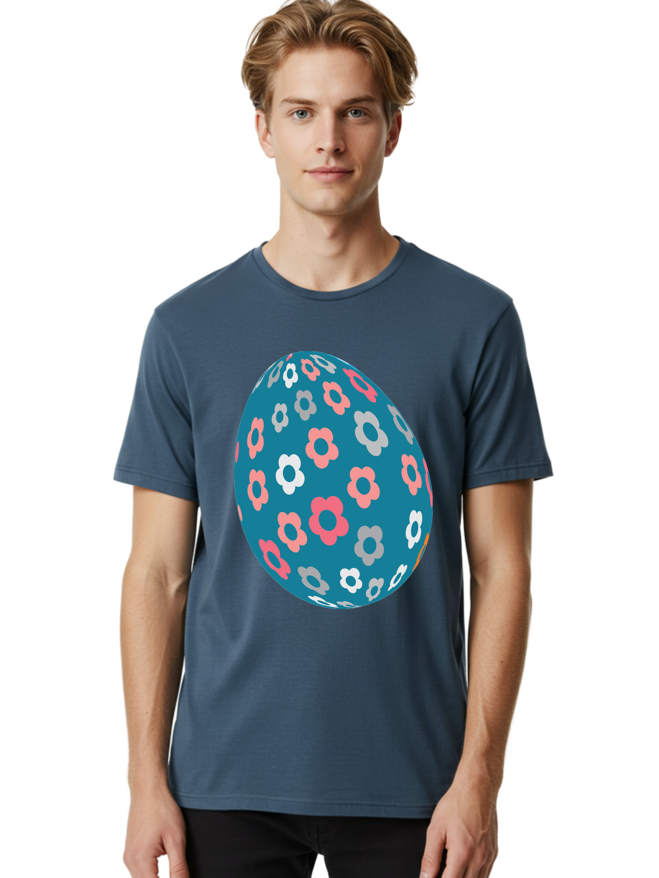 Easter-Egg Men'S Graphic Tee, 100% Cotton, Comfortable Casual Summer Wear, Machine Washable, Blue Easter Egg, Floral Pattern, Pink And White Flowers, Spring Decoration, Easter Egg Decoration, Digital Illustration, Easter Theme, Aac676 8