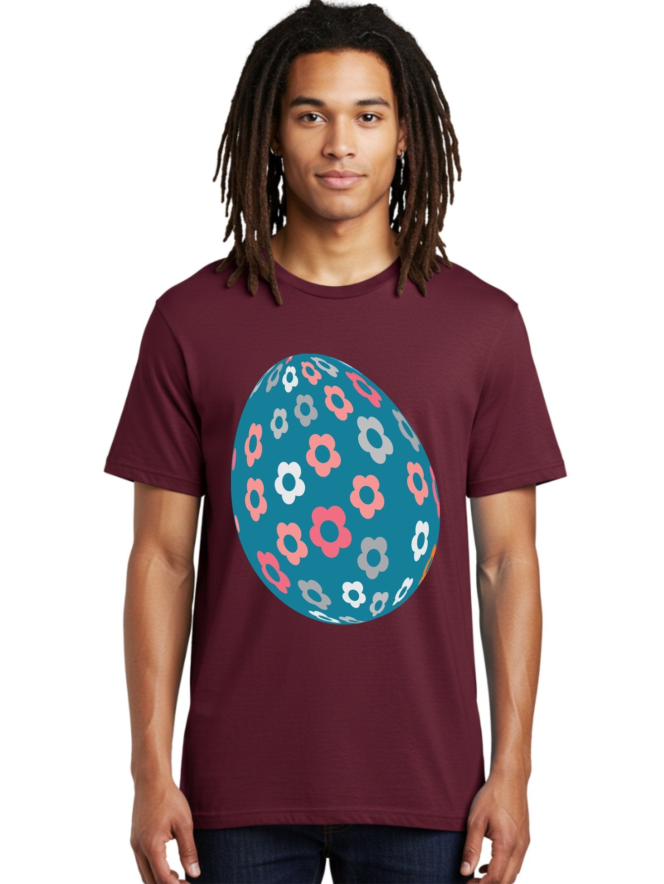 Easter-Egg Men'S Graphic Tee, 100% Cotton, Comfortable Casual Summer Wear, Machine Washable, Blue Easter Egg, Floral Pattern, Pink And White Flowers, Spring Decoration, Easter Egg Decoration, Digital Illustration, Easter Theme, Aac676 30