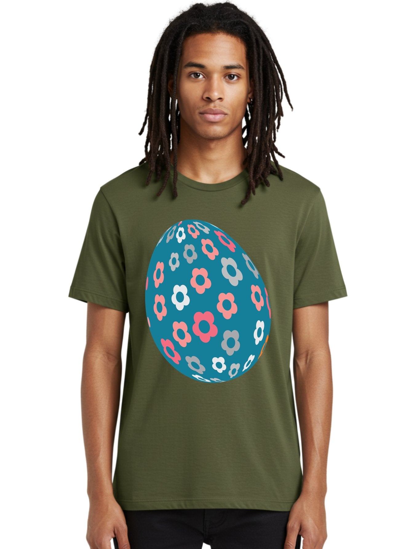 Easter-Egg Men'S Graphic Tee, 100% Cotton, Comfortable Casual Summer Wear, Machine Washable, Blue Easter Egg, Floral Pattern, Pink And White Flowers, Spring Decoration, Easter Egg Decoration, Digital Illustration, Easter Theme, Aac676 20