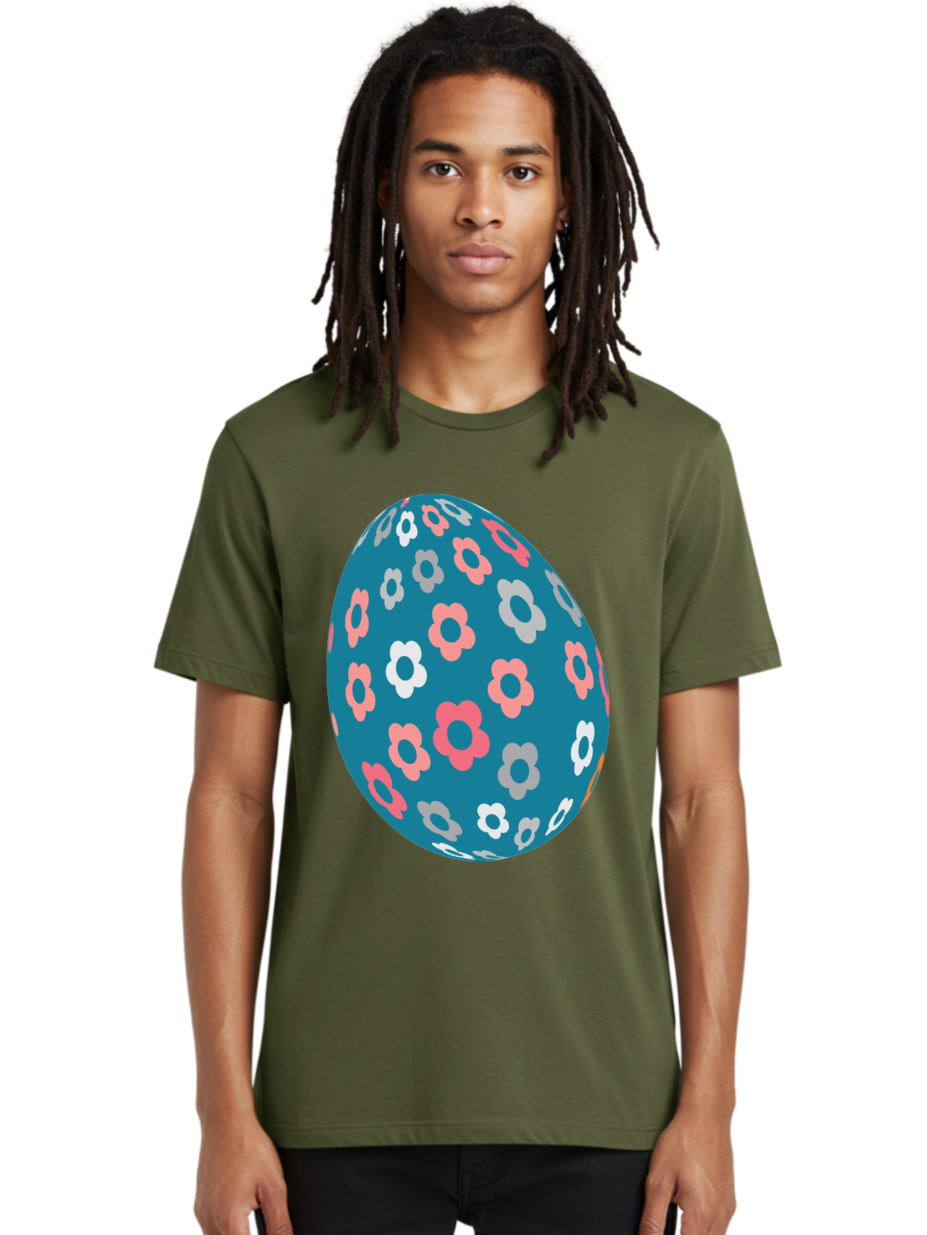 Easter-Egg Men'S Graphic Tee, 100% Cotton, Comfortable Casual Summer Wear, Machine Washable, Blue Easter Egg, Floral Pattern, Pink And White Flowers, Spring Decoration, Easter Egg Decoration, Digital Illustration, Easter Theme, Aac676 30