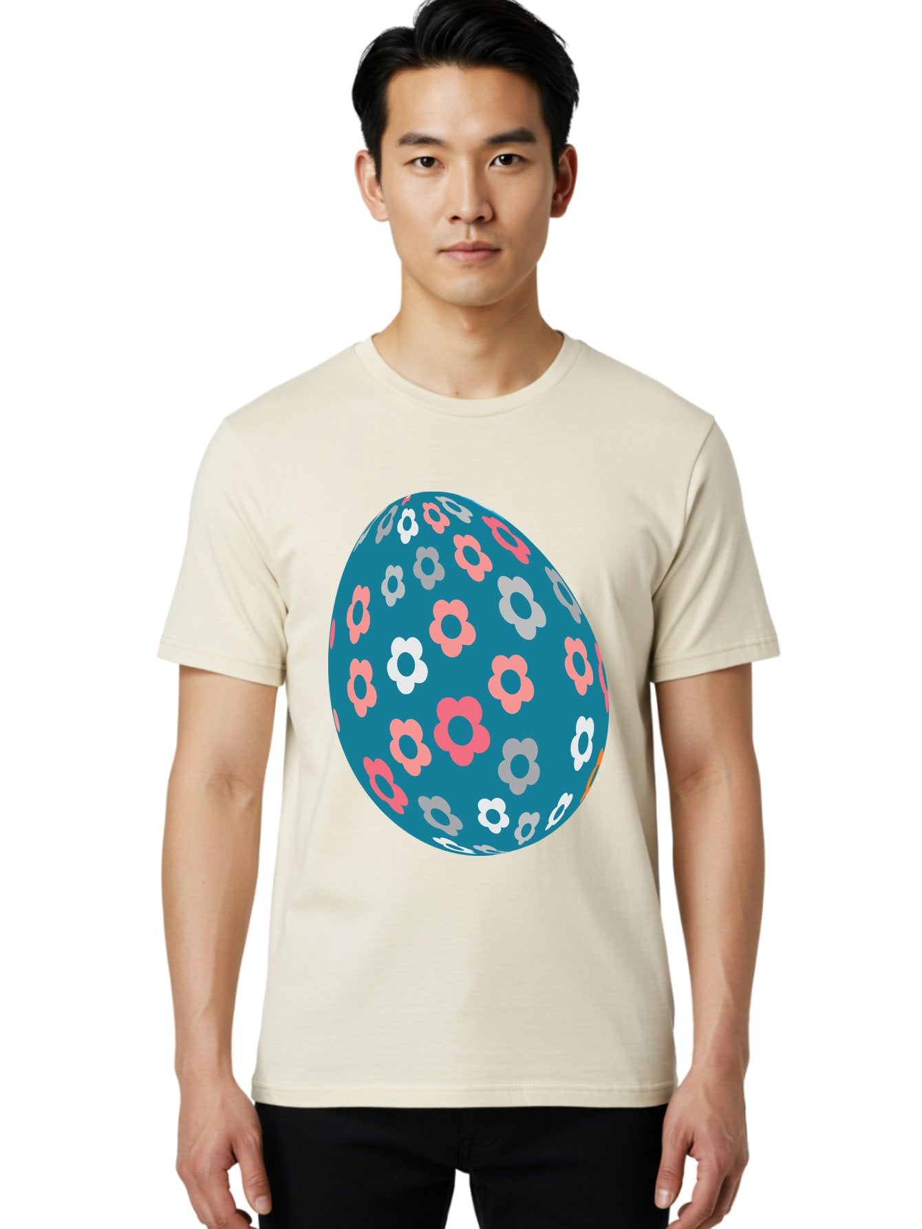 Easter-Egg Men'S Graphic Tee, 100% Cotton, Comfortable Casual Summer Wear, Machine Washable, Blue Easter Egg, Floral Pattern, Pink And White Flowers, Spring Decoration, Easter Egg Decoration, Digital Illustration, Easter Theme, Aac676 17